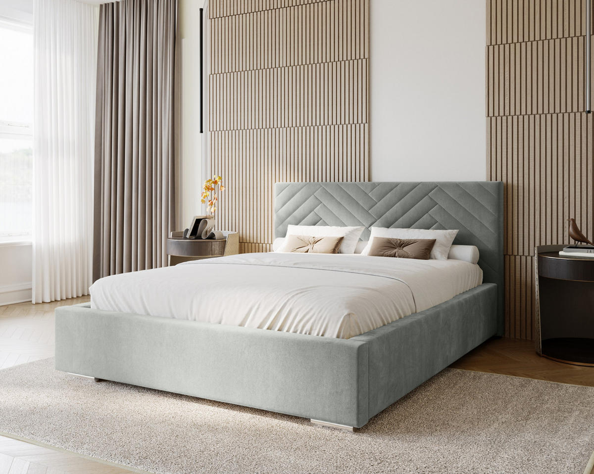 POLSTERBETT Aura 140x200 cm, Doppelbett mit Bettkasten, Lattenrost und Matratze, Velourstoff: Hellgrau - Hellgrau, Holz/Textil (140/200cm) - Marpur