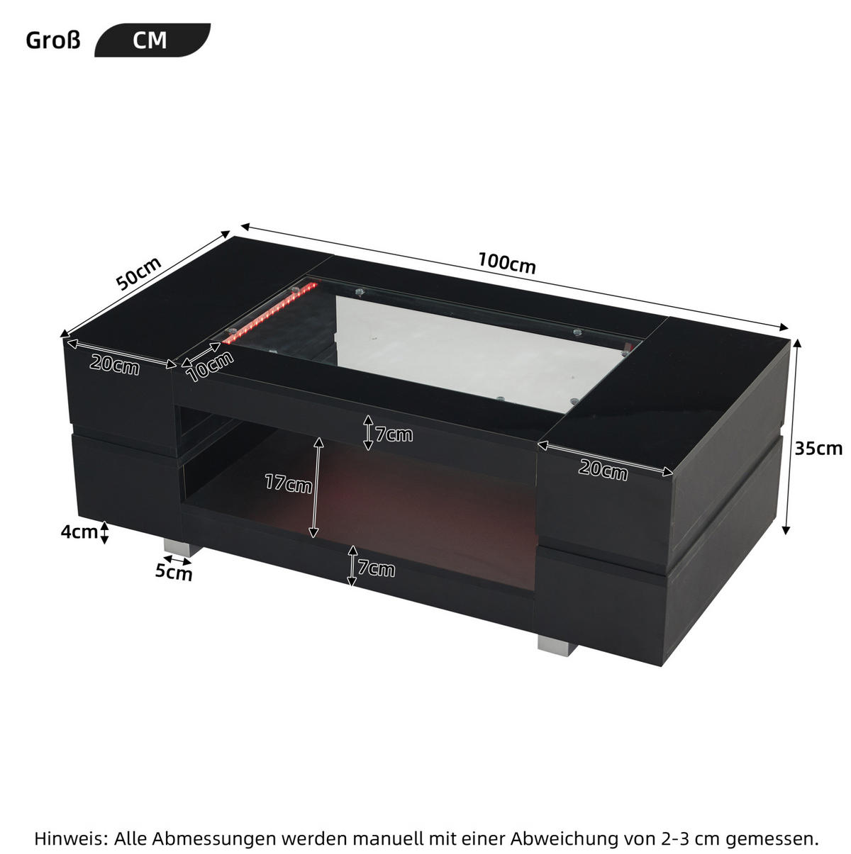 COUCHTISCH 100/50/35 cm schwarz aus Spanplatte und Sicherheitsglas mit LED - Schwarz, Holzwerkstoff (100/50/35cm) - OKMYHOME