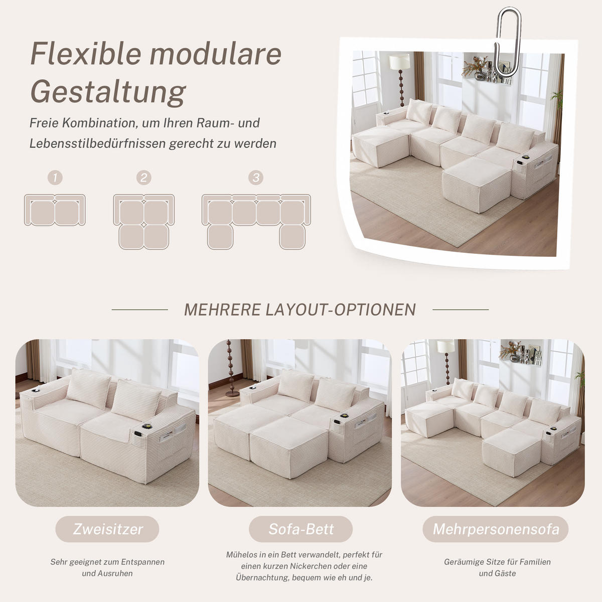 WOHNLANDSCHAFT 330/162/75 cm Beige mit 2 Fußhocker, Getränkehalter und Seitentaschen - Beige, Textil (330/75/162cm) - Oxeza