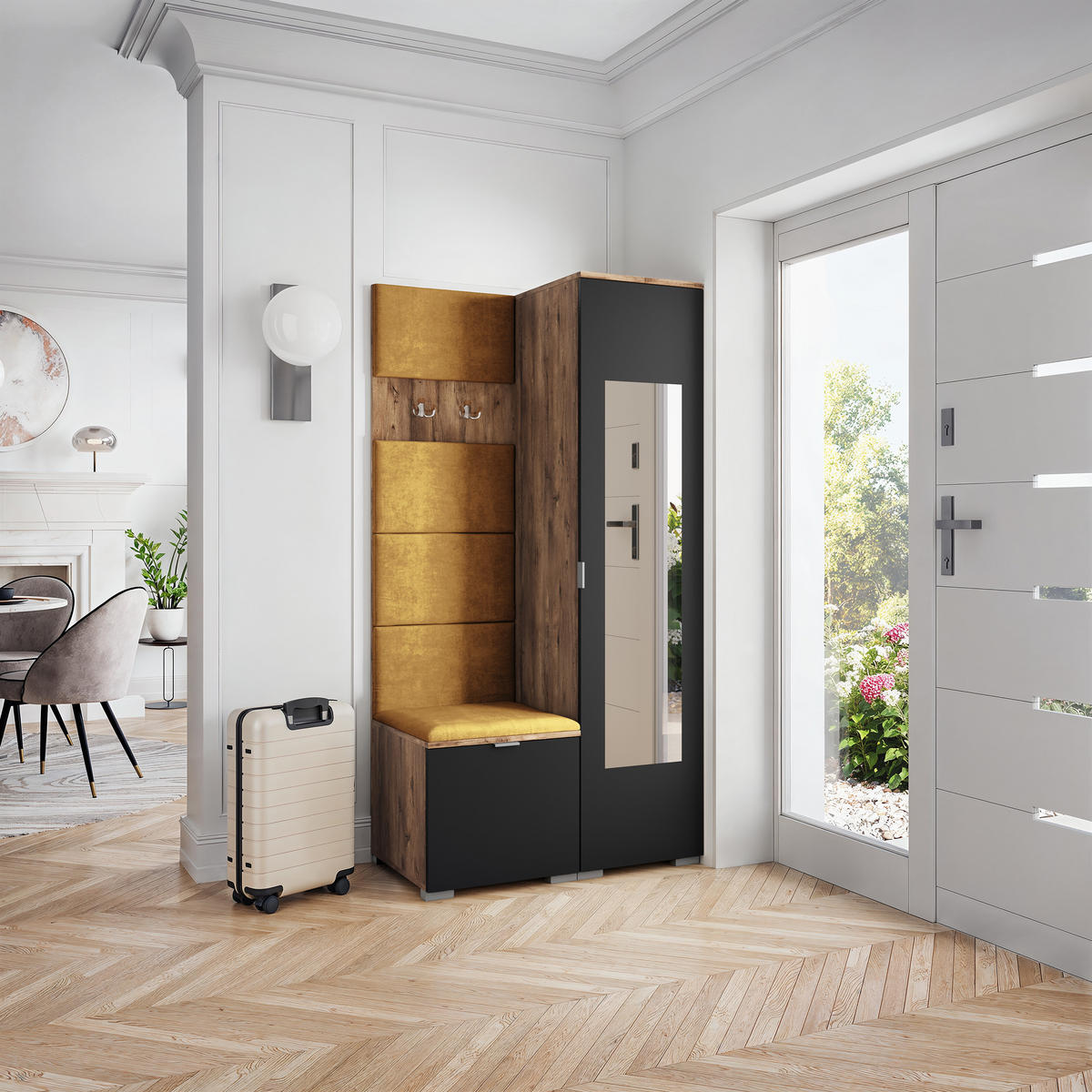 GARDEROBENSCHRANK VIRA 95/181/51 cm Modern Garderobe-Set Eiche Lefkas - Eichefarben/Gelb, Holzwerkstoff (95/181/51cm) - MASSENO