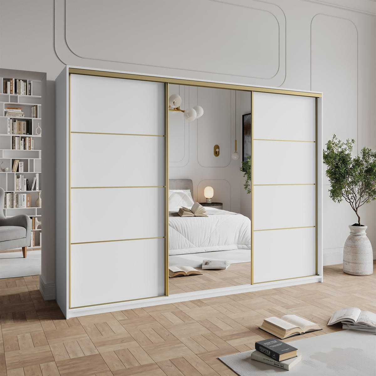 SCHWEBETÜRENSCHRANK VARO 250/205/60 cm 3-türig mit Spiegel und Schubladen Weiß - Goldfarben/Weiß, Holzwerkstoff (250/205/60cm) - MASSENO