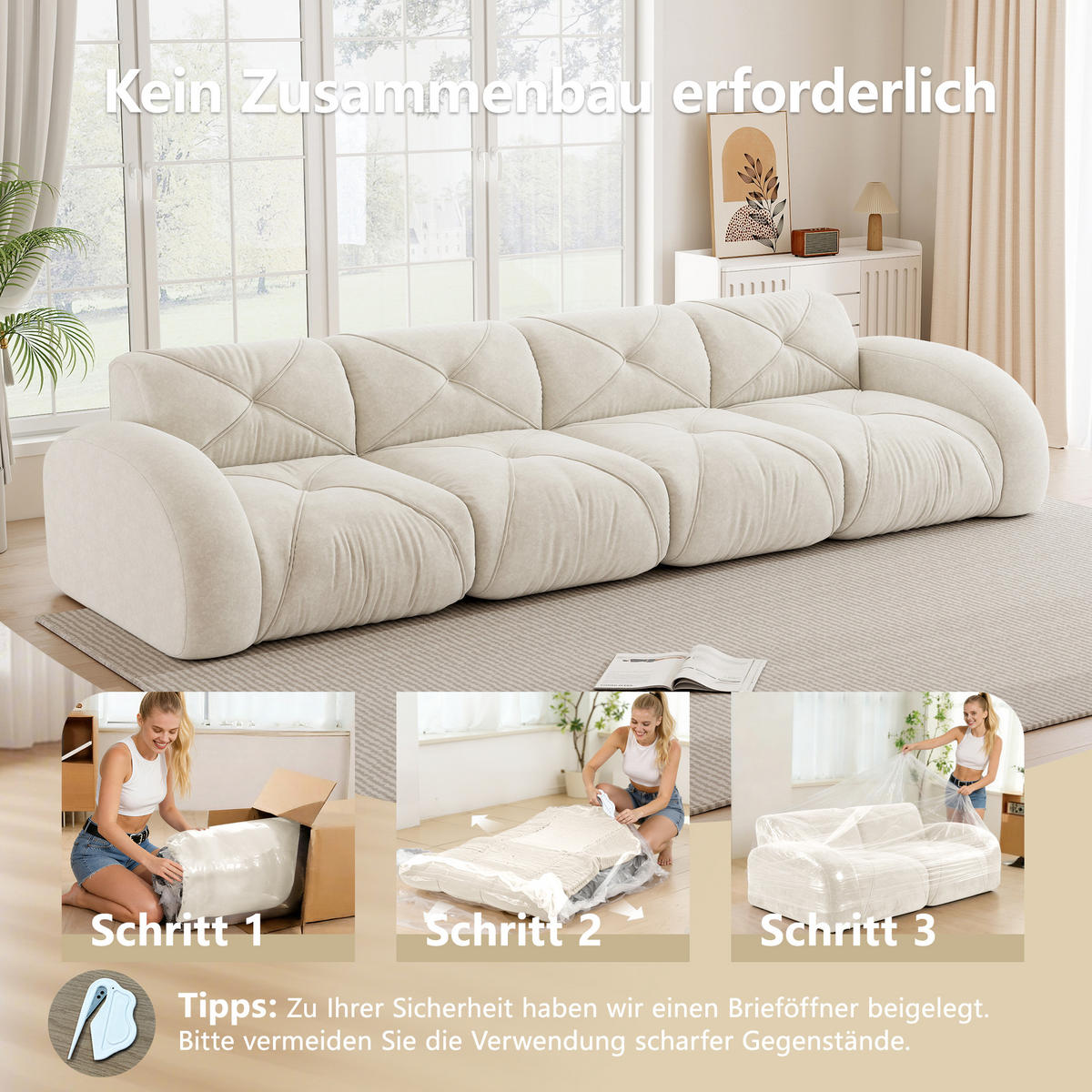 4-SITZER SOFA Chenille Hellbeige - Weiß, Textil (358/76/95cm) - WISHDOR