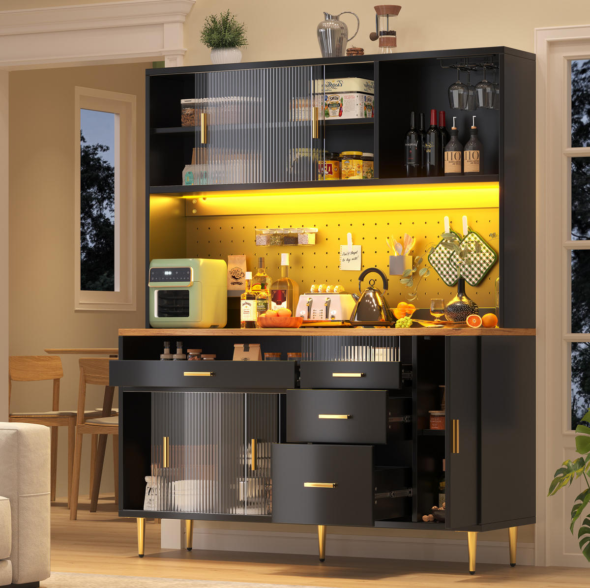 BUFFET 145/39/171 cm schwarz aus MDF und Glas mit LED - Schwarz, Glas (145/171/24cm) - OKWISH