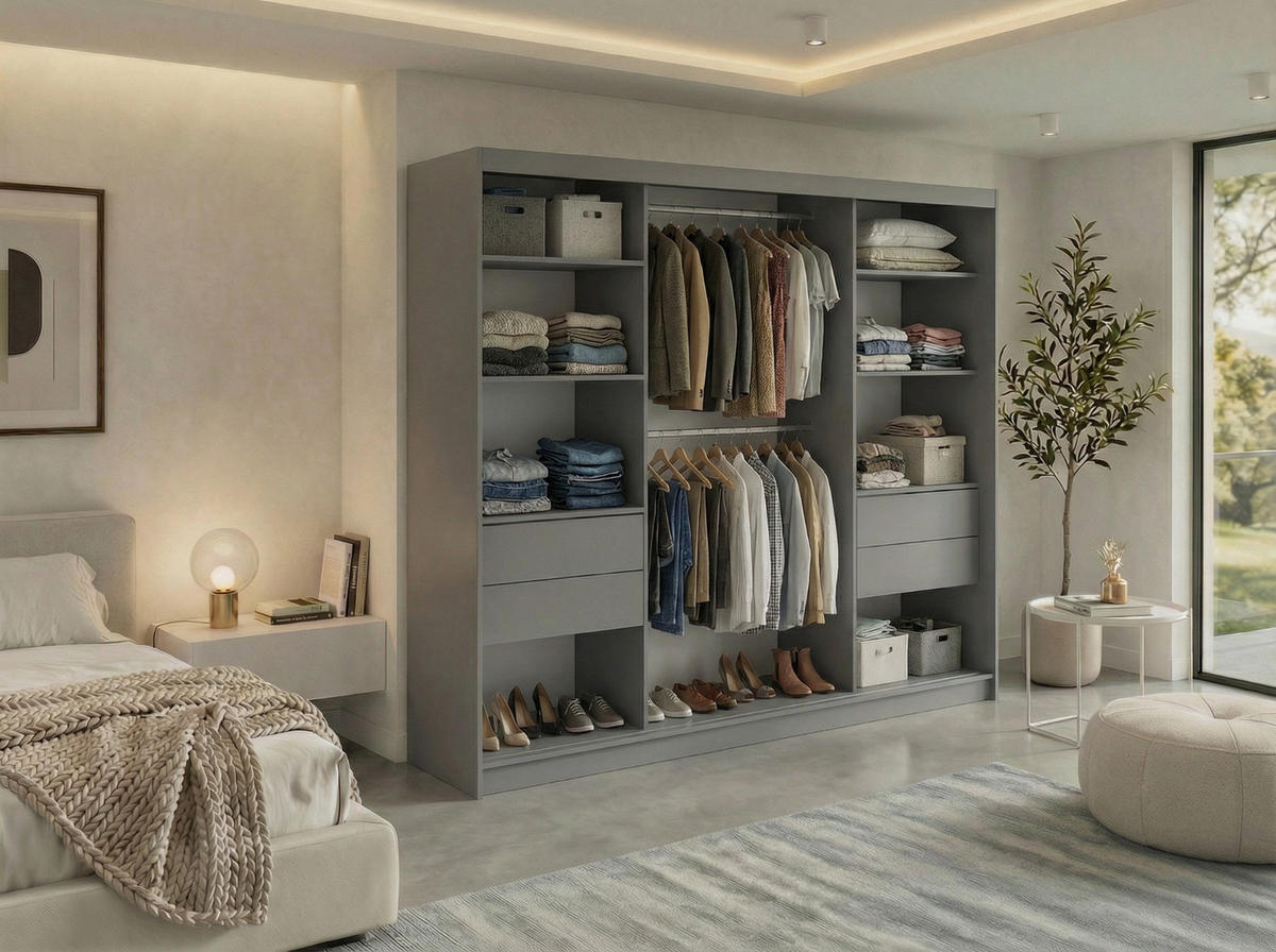 SCHWEBETÜRENSCHRANK mit Schubladen 240 - GRECJA - Grau mit Spiegel - Alufarben/Grau, Holzwerkstoff/Metall (240/216/61cm) - MKS