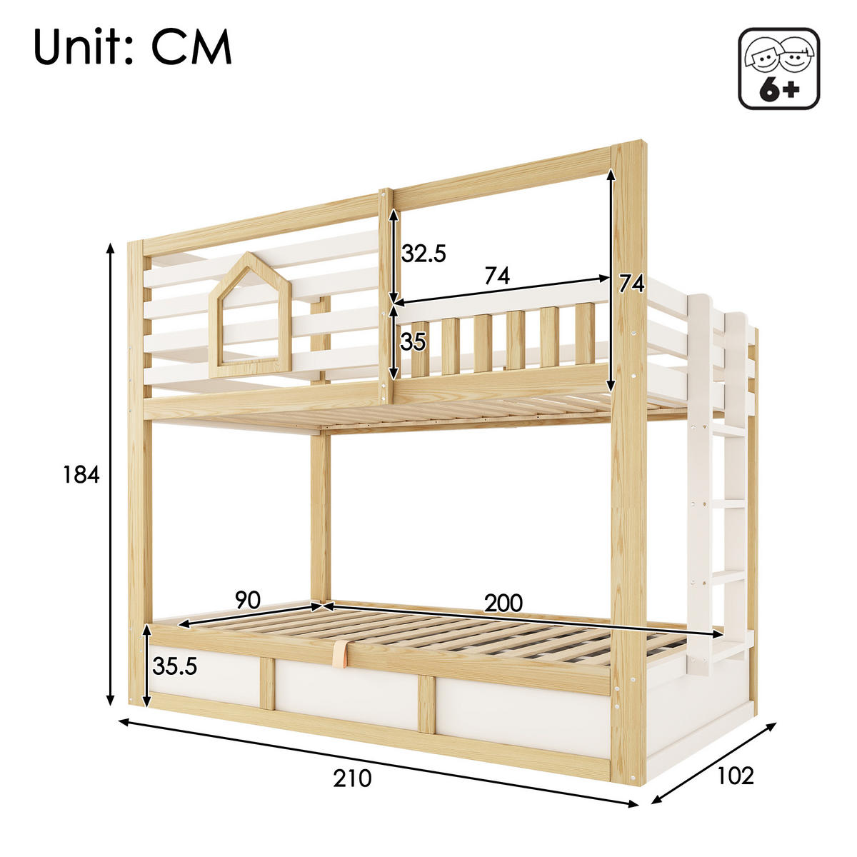 ETAGENBETT 90/200 cm & 90/200 cm in Weiß & Eichefarben mit Stauraum und Sicherheitsgeländer im Hüttenstil - Weiß/Naturfarben, Holzwerkstoff (90/200cm) - STILVORA
