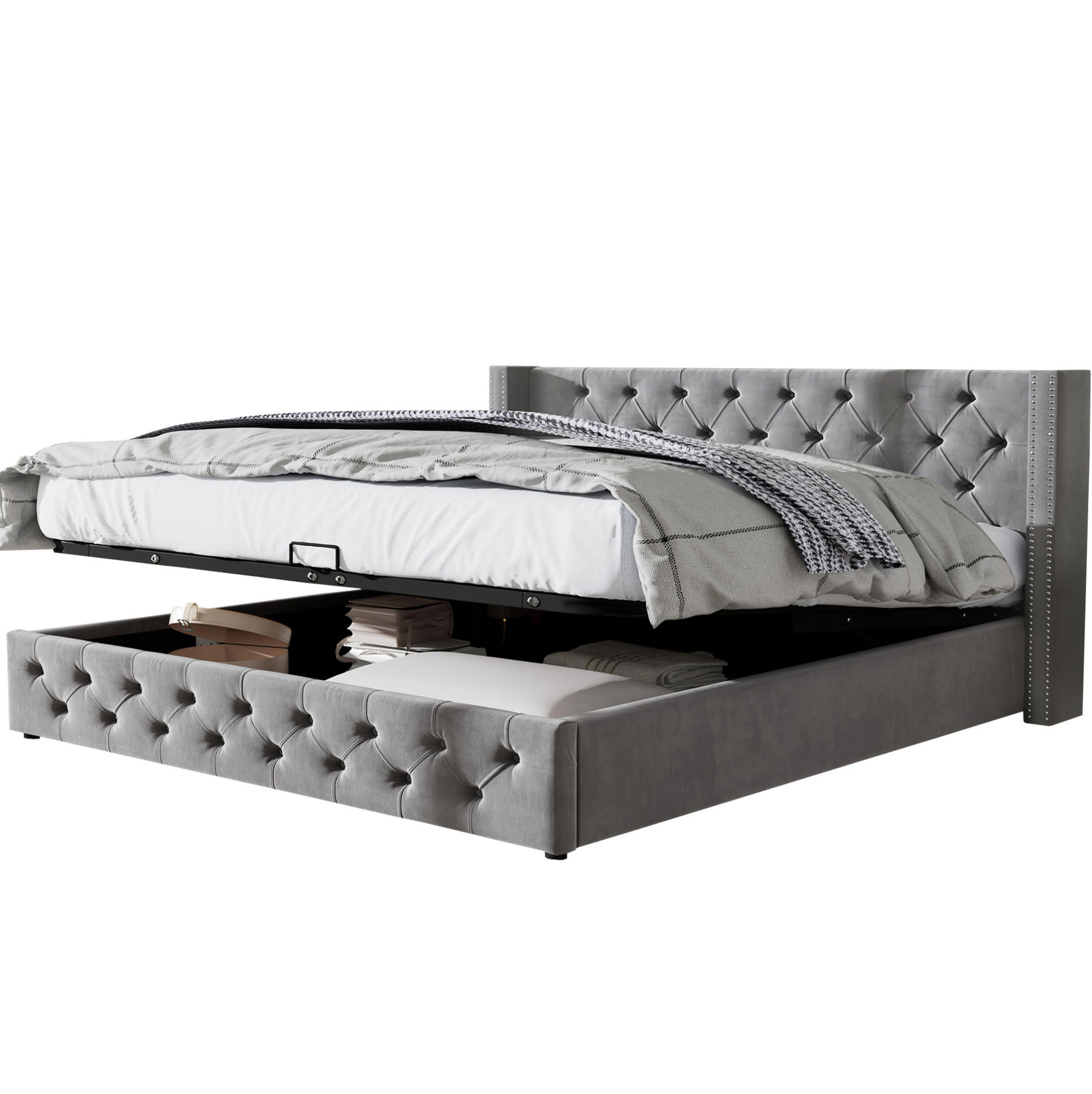 OKWISH ČALOUNĚNÁ postel 140/200 cm šedá ze sametu s úložným prostorem a roštem