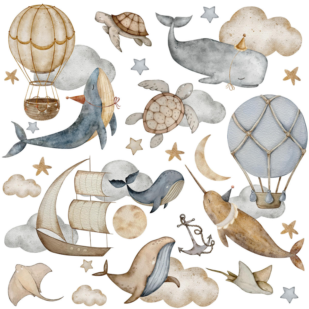 WANDSTICKER SET Wale Schildkröten Wolken Luftballons Sterne 120x60 - Beige/Braun, Papier (120/60/1cm) - Muralo