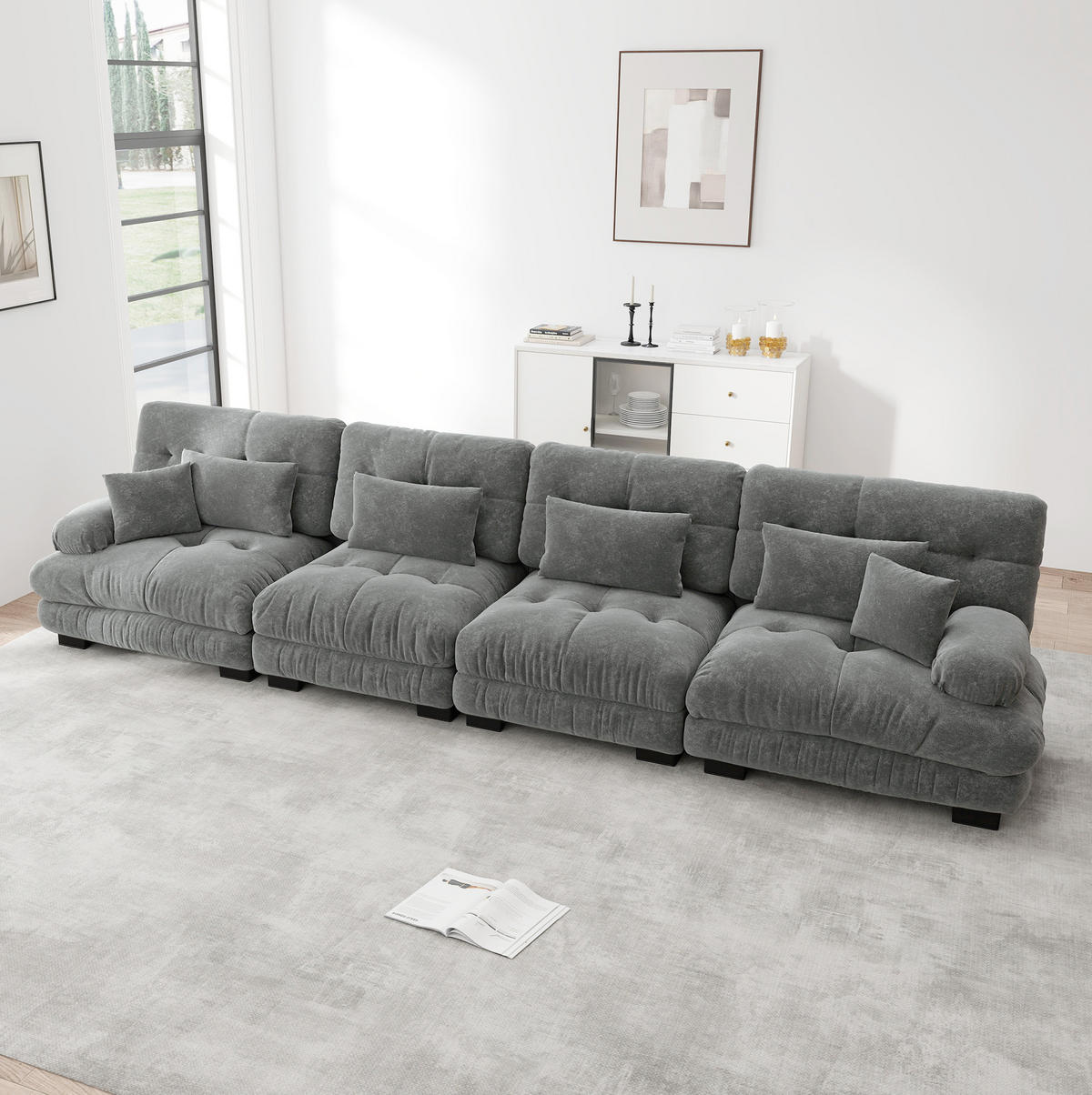 SOFA modular mit Tiefensitz Chenille Grey - Hellgrau, Kunststoff (77/81/406cm) - Meubliv