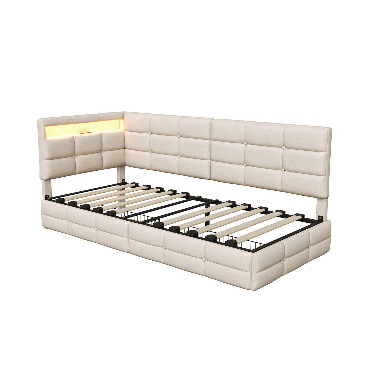 POLSTERBETT 90x200 cm Tagesbett mit 2 Schubladen, LED & USB, Einzelbett mit L-förmigem Kopfteil, Beige - Beige, Metall (90/200cm) - EuroLiving