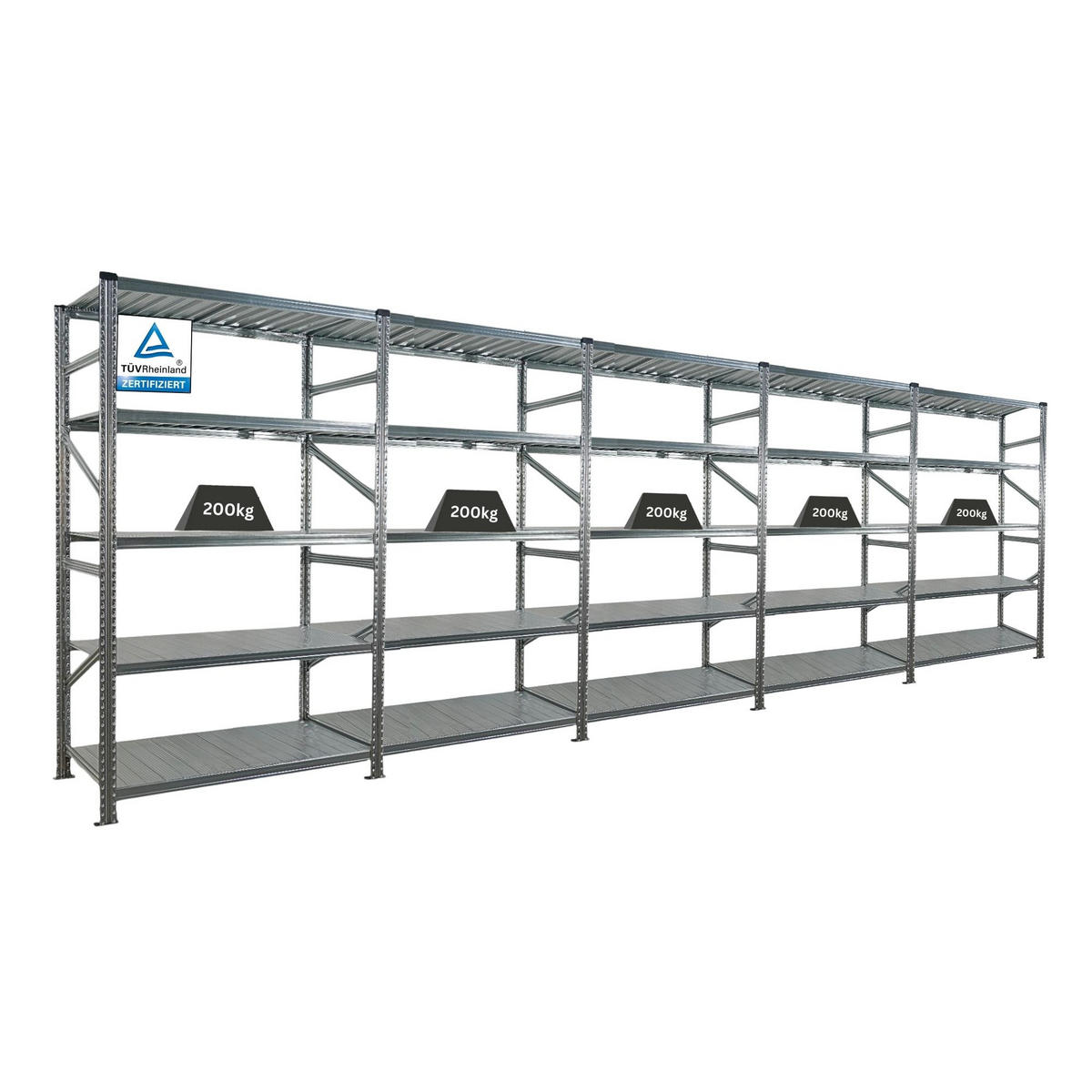 FACHBODENREGAL Proximo 200x600x60cm 5 Ebenen Fachlast 200 kg Beidseitig nutzbar Verzinkt - Silberfarben, Metall (600/200/60cm) - PROREGAL