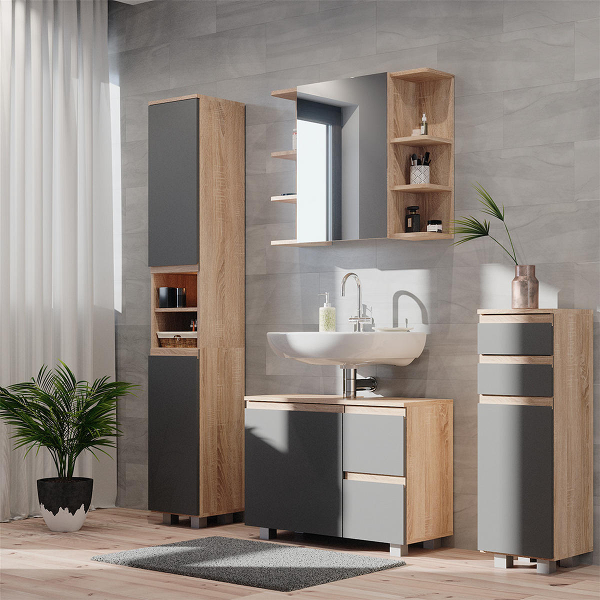 BADMÖBEL-SET J-Shape Sonoma 4 Teile - Anthrazit/Sonoma Eiche, Holzwerkstoff (80/60/33cm) - Vicco