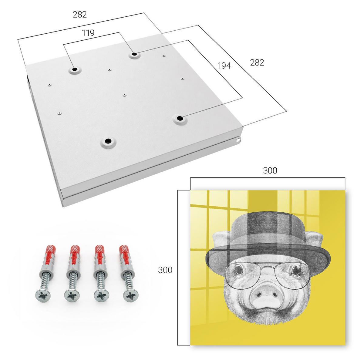 SCHLÜSSELBOX Weiß 30x30 cm – Türöffnung nach rechts - Glückliches kleines Schweinchen - Gelb, Metall (30/30/5cm) - TULUP
