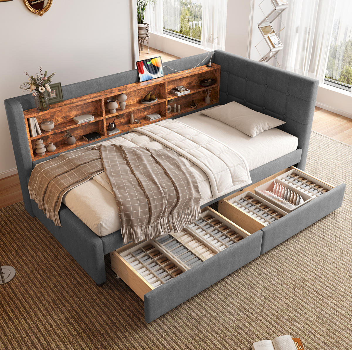 POLSTERBETT 90/200 cm grau aus Leinen mit 2 Schubladen und USB-Anschluss - Grau, Textil (90/200cm) - OKMYHOME