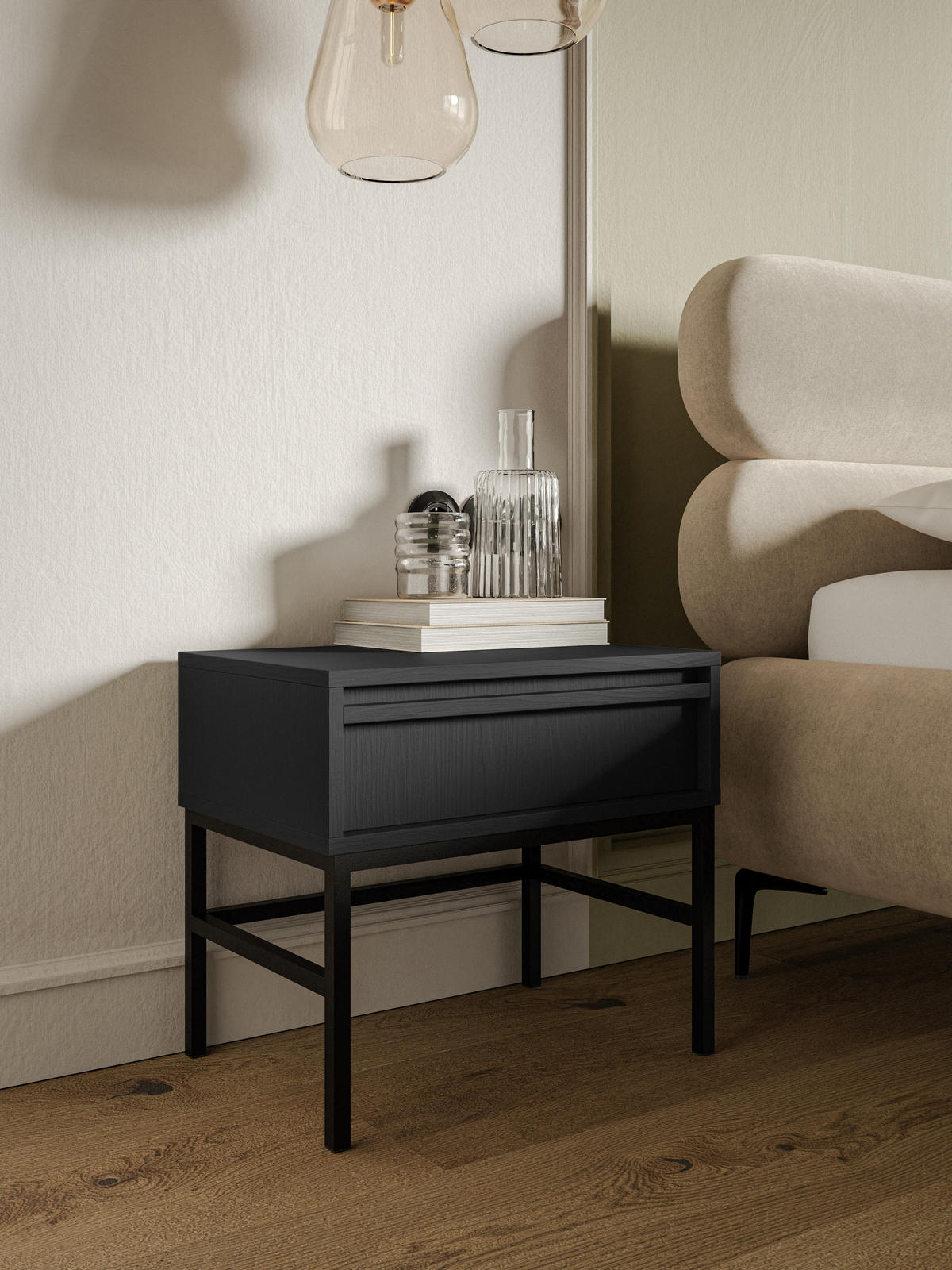 NACHTSCHRANK Evo Schwarz mit Metallgestell 50 cm - Anthrazit/Schwarz, Holzwerkstoff/Metall (50/44/34cm) - Selsey