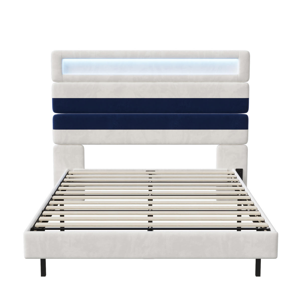 POLSTERBETT 140/190 cm mit RGB-LED-Beleuchtung am Kopfteil und unter dem Bett, USB-Anschluss, zweifarbig gestreiftes Kopfteil - Weiß, Holz/Metall (140/190cm) - Joyfair