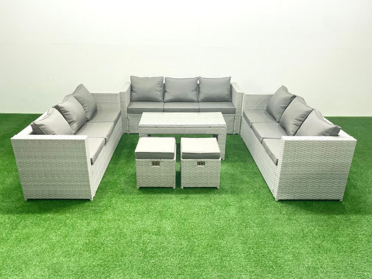 BALKONMÖBEL-SET Polyrattan Hellgrau-Mix 11-teilig - Hellgrau/Grau, Glas/Kunststoff - Fimous