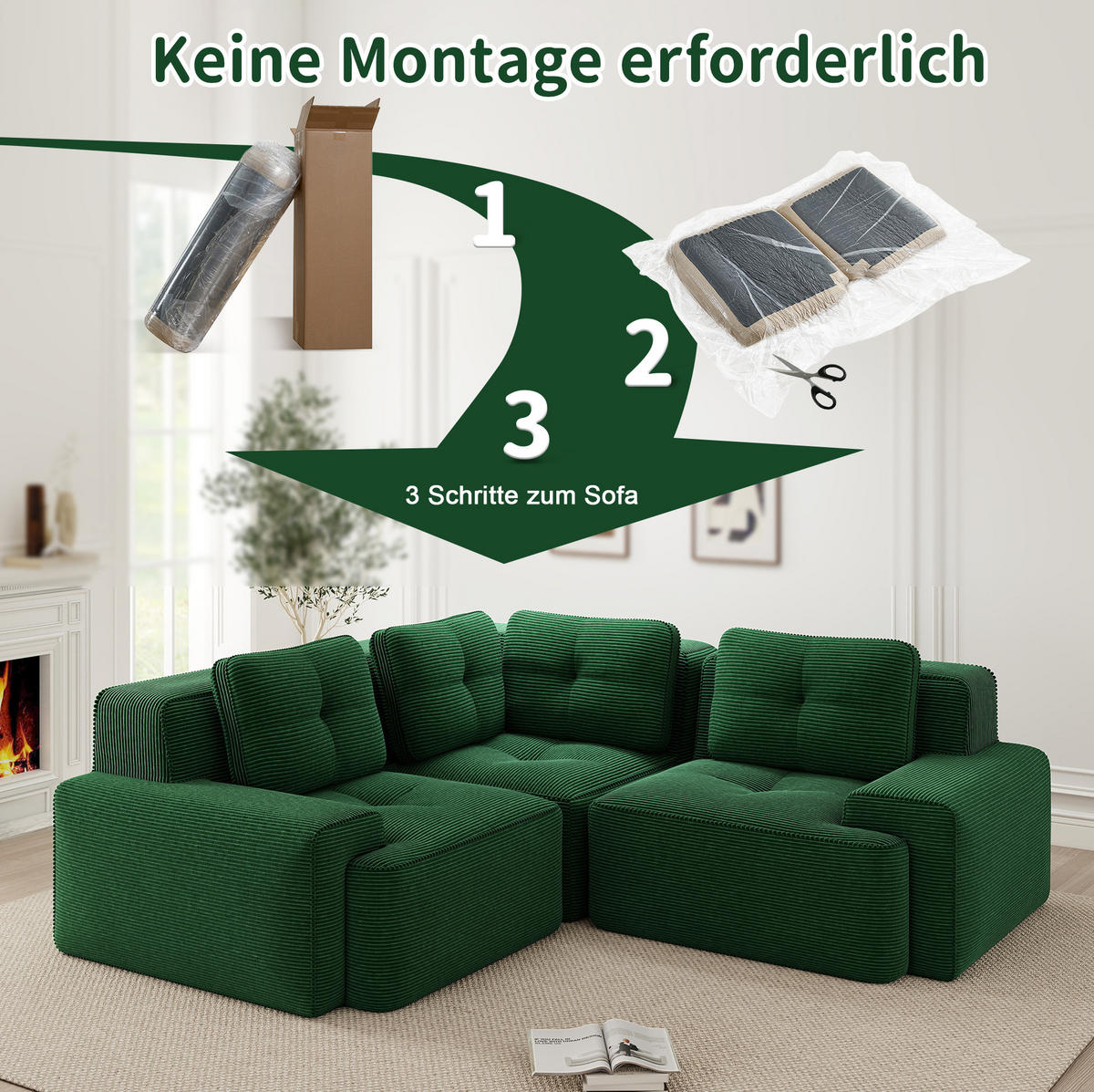 MODULARES Ecksofa aus Cord mit tiefem Sitz und rutschfestem Standfuß Grün - Grün, Textil (104/177cm) - Modenvie