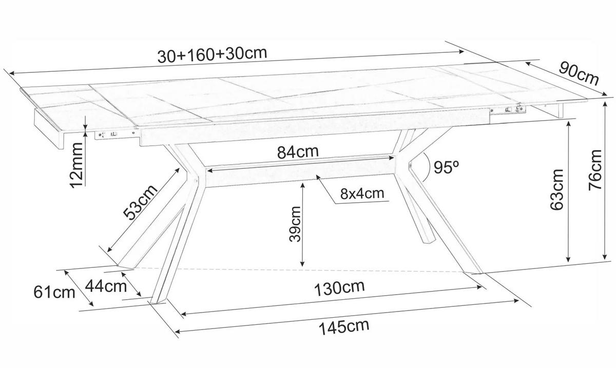 ESSTISCH Imperia Weiß Marmor / Schwarz Matt 160-220 / 90 / 75cm - Schwarz/Weiß, Holz/Keramik (90/220/75cm) - Feldmann-Wohnen