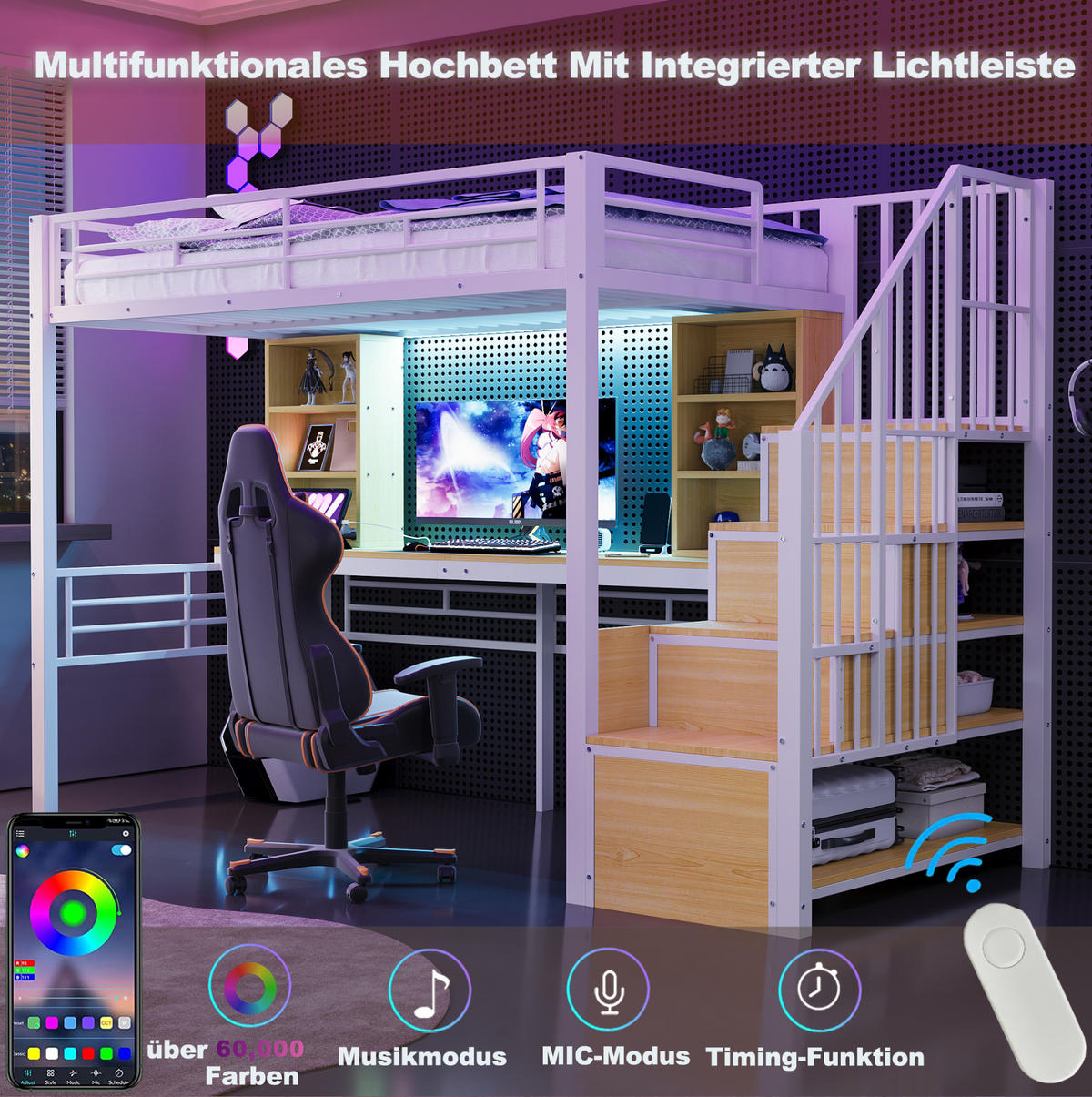 HOCHBETT 90/200 cm, Weiß mit Schreibtisch, LED und Stauraumtreppe - Weiß, Metall (90/200cm) - MIVRAY
