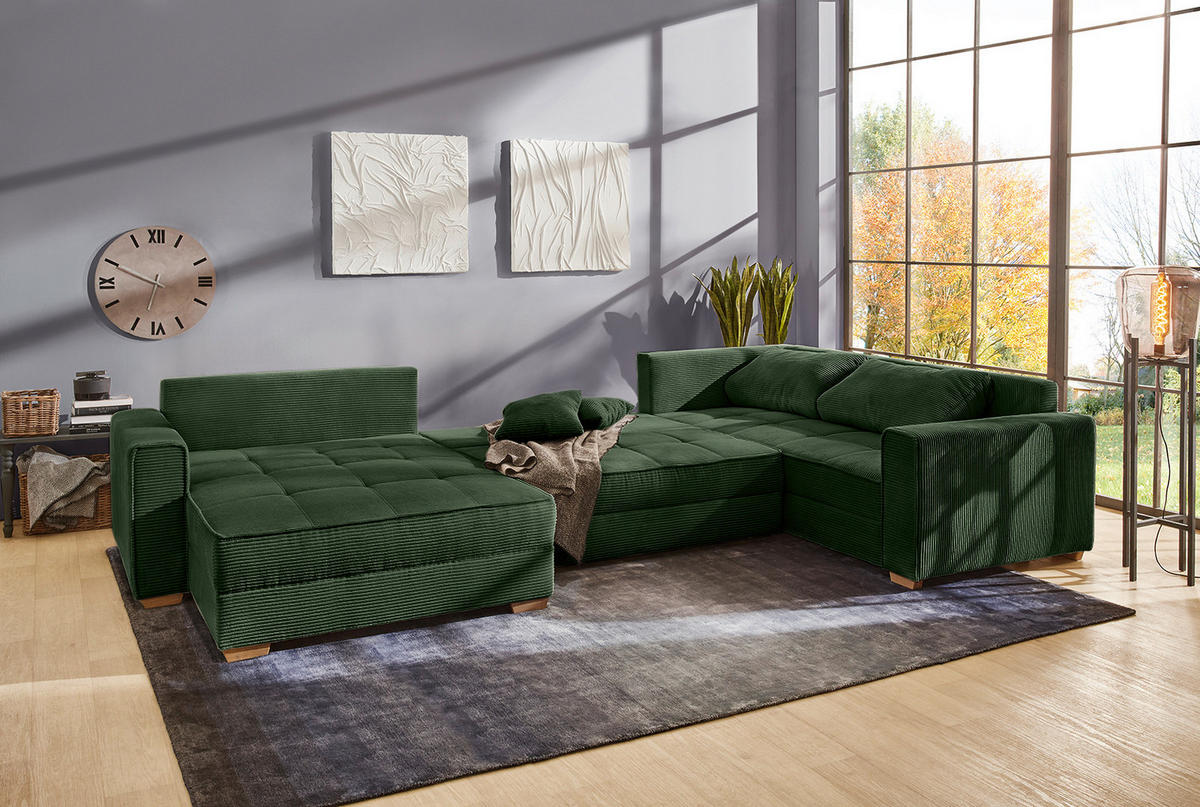 WOHNLANDSCHAFT Schlaffunktion Bettkasten Wellenunterfederung, spiegelverkehrt montierbar U-Form B379/T227/H86 cm, Cord Grün / 15199 - Eichefarben/Grün, Holz/Textil (379/86/227cm) - luma-home