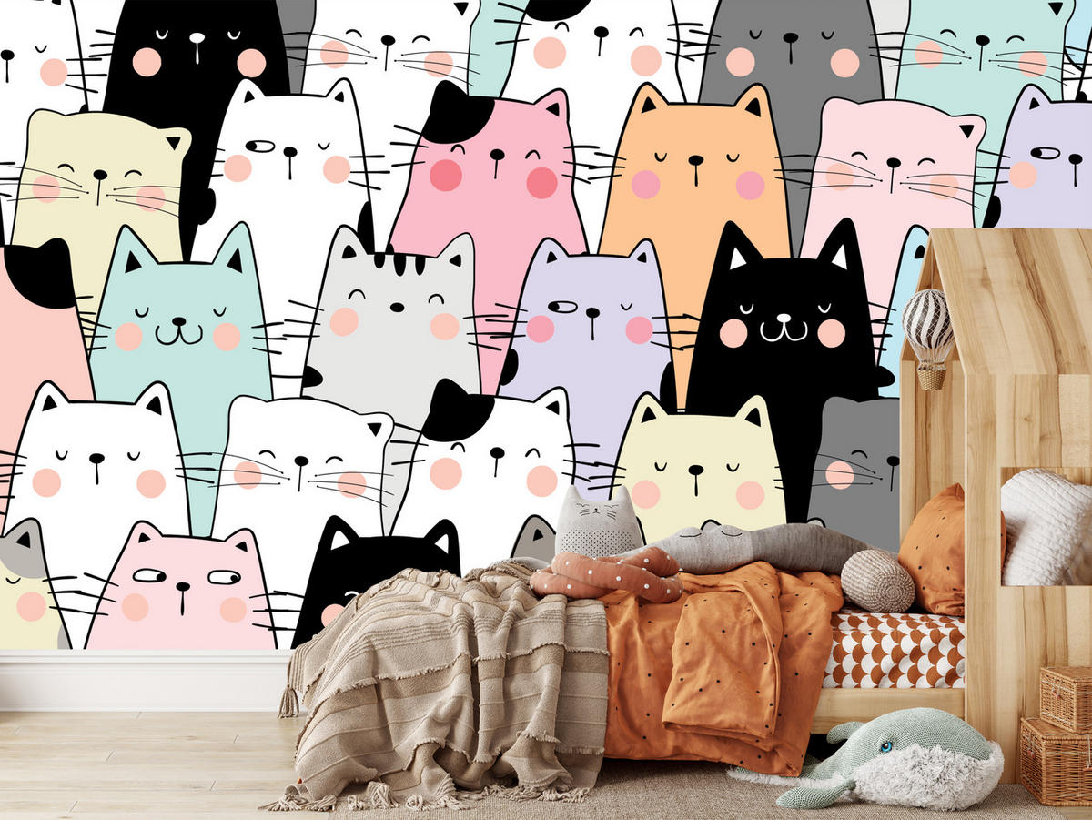 FOTOTAPETE für Kinderzimmer Bunte Katzen Cartoon Abstraktion 250x175 - Blau/Gelb, Papier (250/175cm) - Muralo