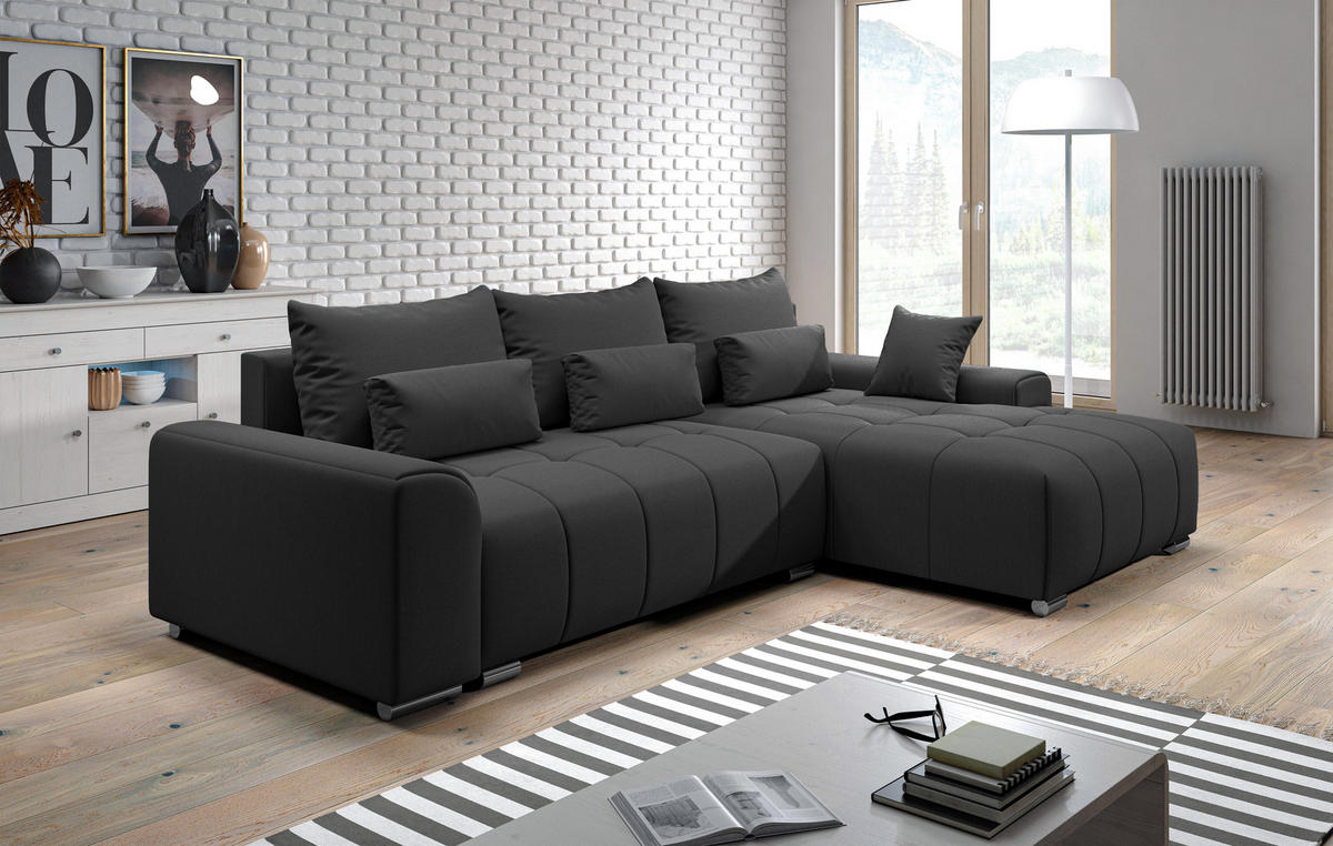 ECKSOFA L Form Rivolli Schwarz 260/179/98 cm – modernes Sofa fürs Wohnzimmer - Silberfarben/Schwarz, Textil/Metall (260/179cm) - AX Living