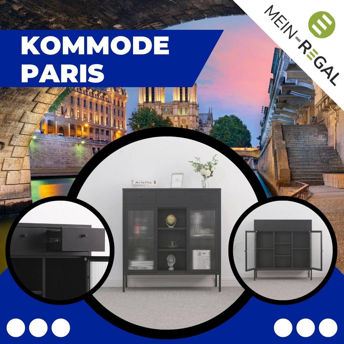 KOMMODE PARIS Metall Schwarz mit 3 Schubladen 105/35/110 cm - Schwarz, Metall (35/110/105cm) - Mein-Regal