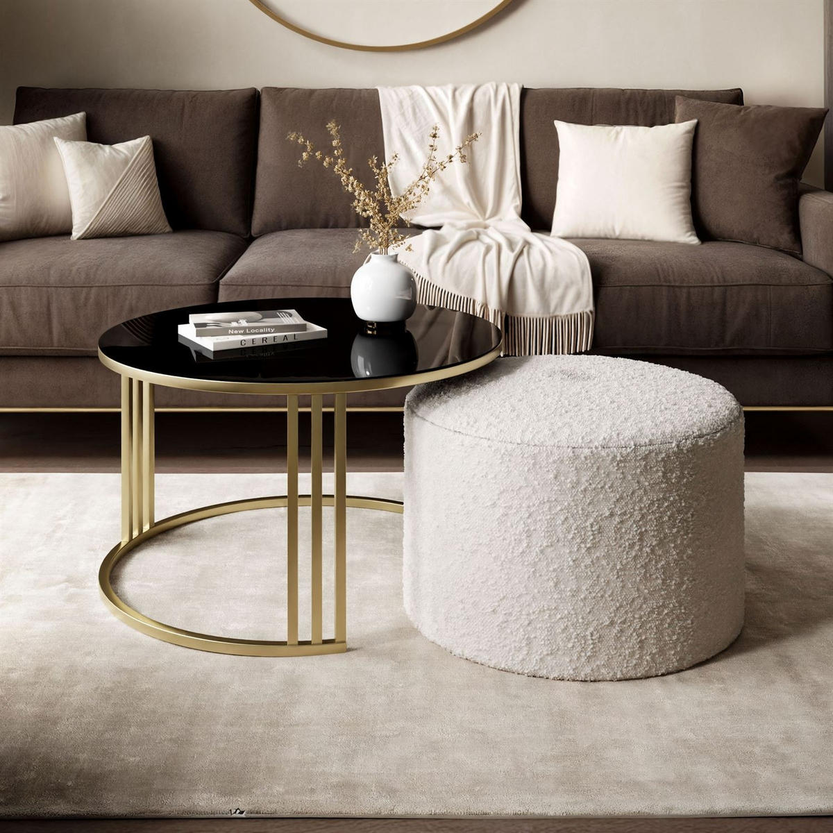 COUCHTISCH mit Hocker LORI GLASS gebürstetes Gold/schwarzes Glas/Coral 65 - Schwarz, Metall (70/70/49cm) - Lookway