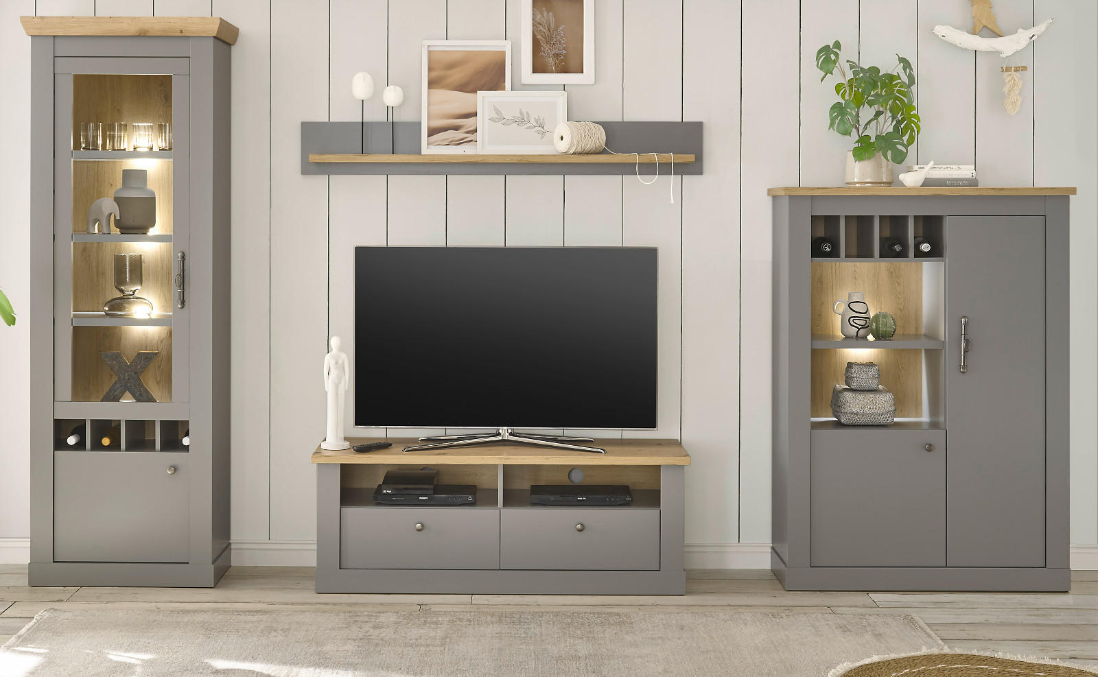 WOHNWAND grau, Artisan Eiche 4-teilig 291 cm, Wohnkombination im Landhaus-Stil - Silberfarben/Hellgrau, Glas/Holzwerkstoff (291/201/44cm) - Furn.Design