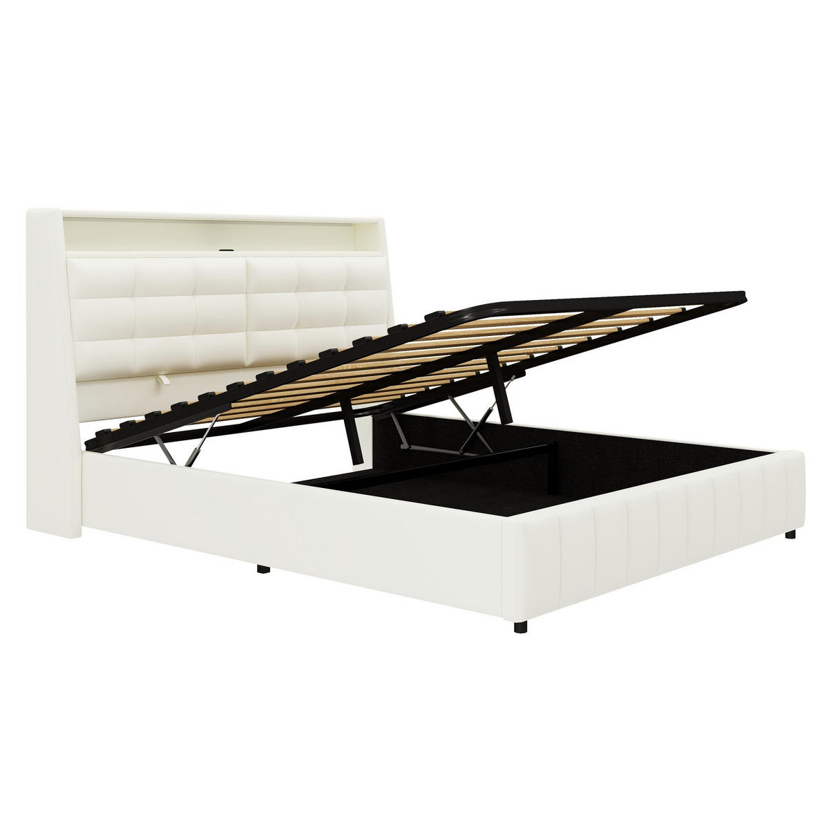 POLSTERBETT 160/200 cm mit LED-Beleuchtung, USB und gepolstertem Kopfteil - Weiß, Textil (160/200cm) - BEAOK