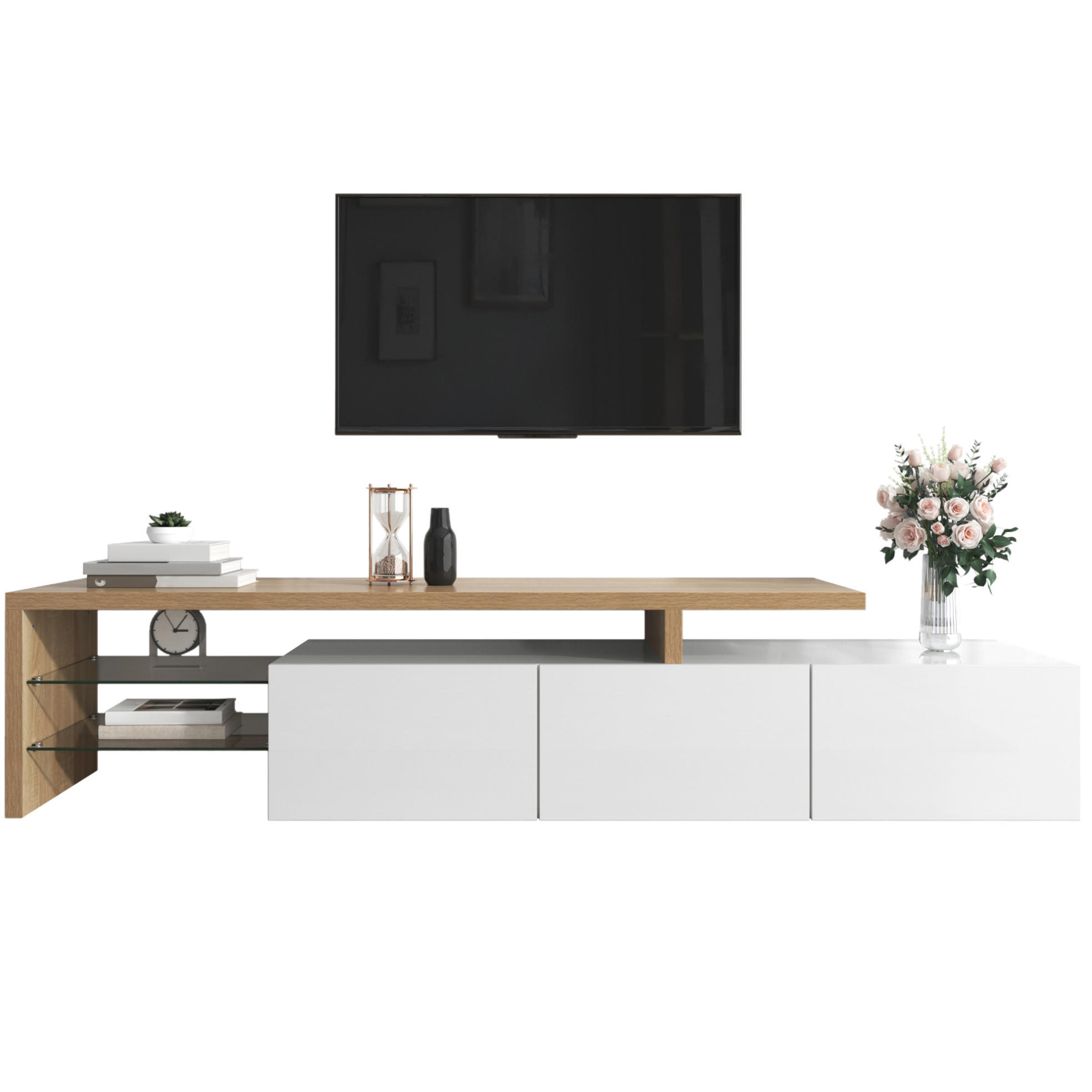 LOWBOARD 197.5/39/42 cm in Natur/Weiß aus MDF und Glas mit LED-Beleuchtung - Weiß, Holzwerkstoff (39/42/197.5cm) - OKMYHOME