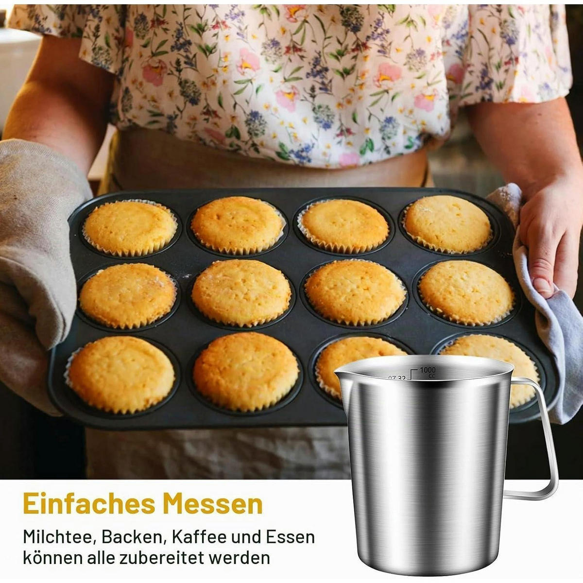 MESSBECHER Edelstahl 1L mit Skala und Griff - Silberfarben, Metall (1L)