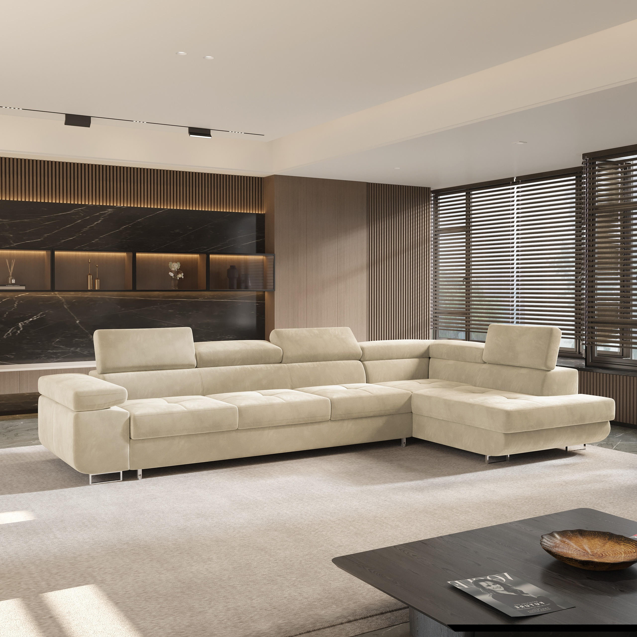 ECKSOFA VICENTE Creme Velours-Stoff mit Schlaffunktion - Creme, Holz (346/202cm) - MASSENO