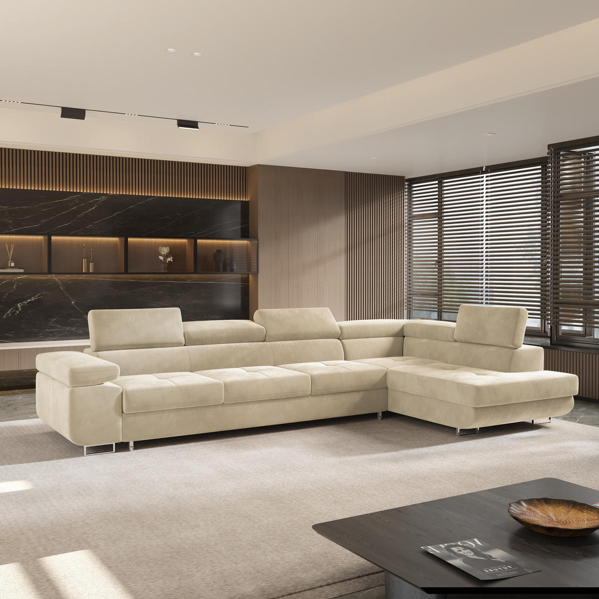 ECKSOFA VICENTE Creme Velours-Stoff mit Schlaffunktion - Creme, Holz (346/202cm) - MASSENO