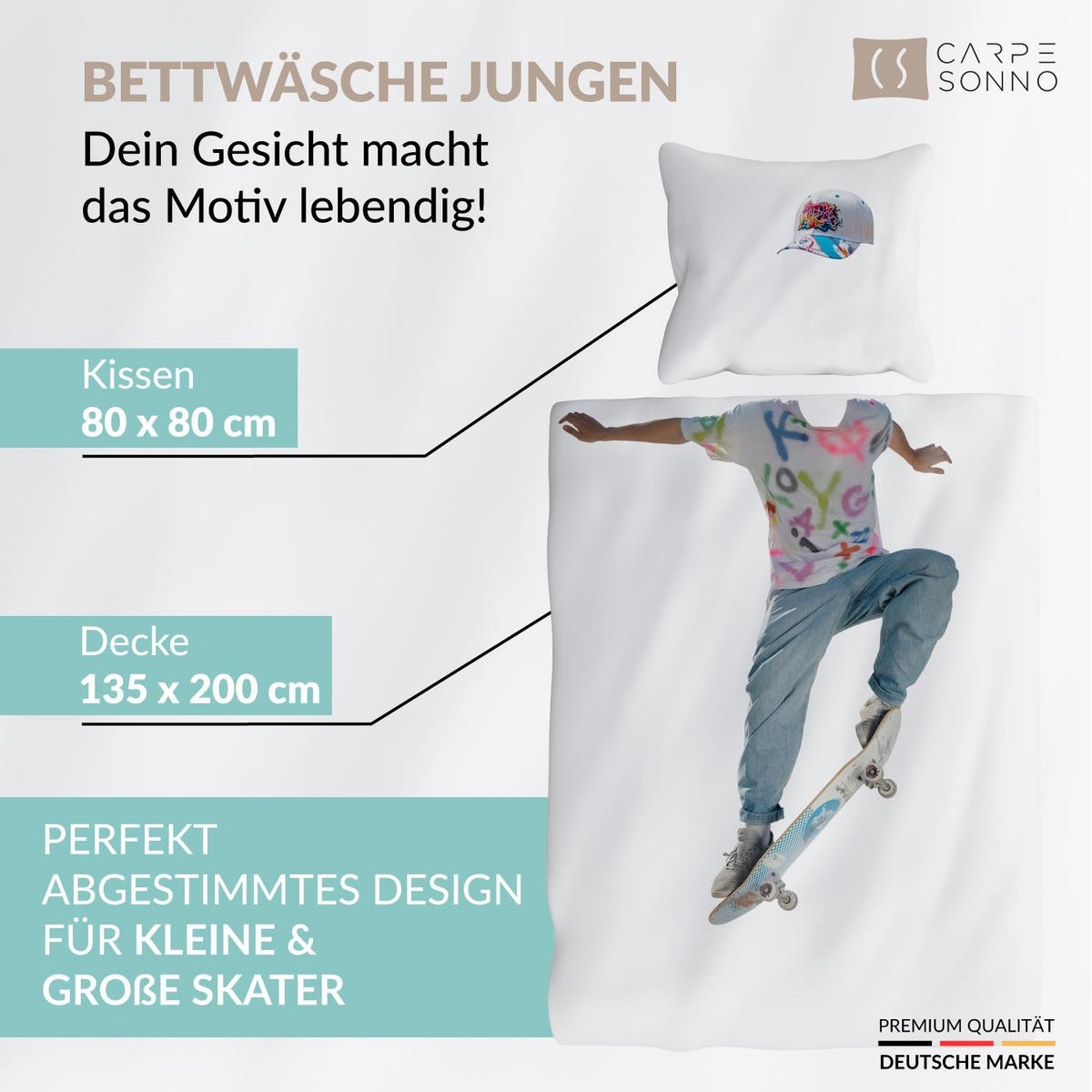 KINDERBETTWÄSCHE 135x200 Skater aus 100% Baumwolle - Dein Gesicht vervollständigt das Design der Kinder Bettwäsche - Weiß, Textil (135/200cm) - Carpe Sonno