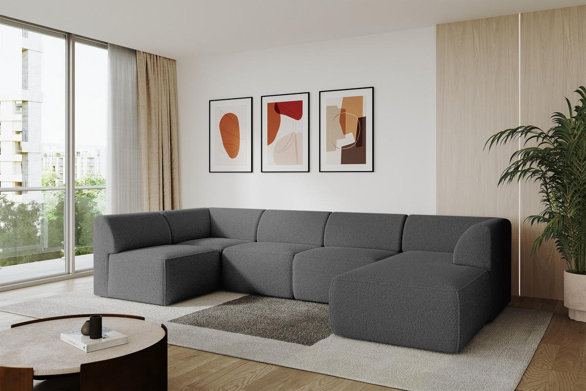 WOHNLANDSCHAFT Ottomane Rechts MOVO-L 345x180x78 cm Grau Bouclé - Schieferfarben/Schwarz, Holzwerkstoff/Kunststoff (345/78/180cm) - ALTDECOR