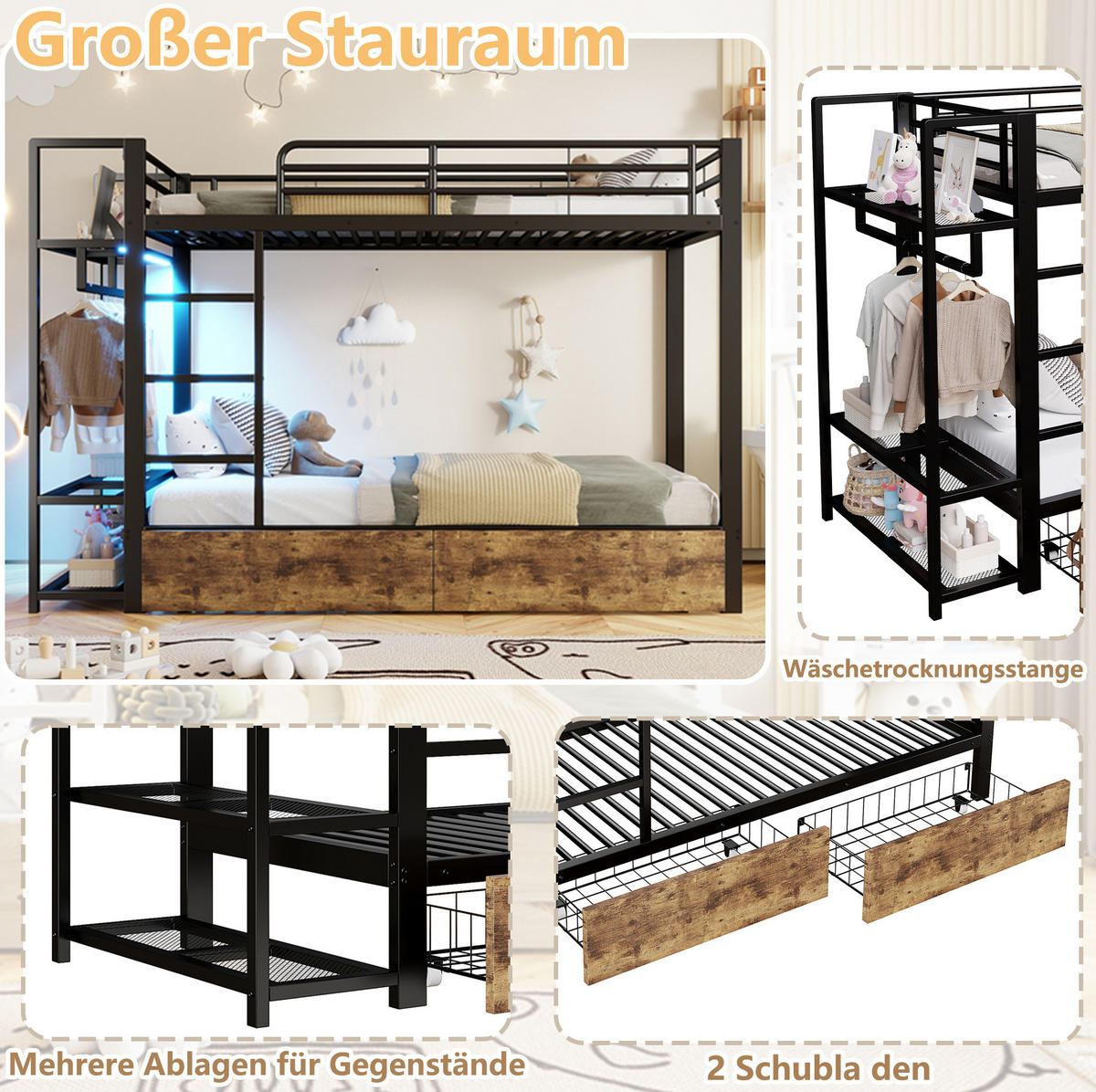 ETAGENBETT 90/200 cm schwarz aus Metall und MDF mit LED und Stauraum - Schwarz, Metall (90/200cm) - OKWISH