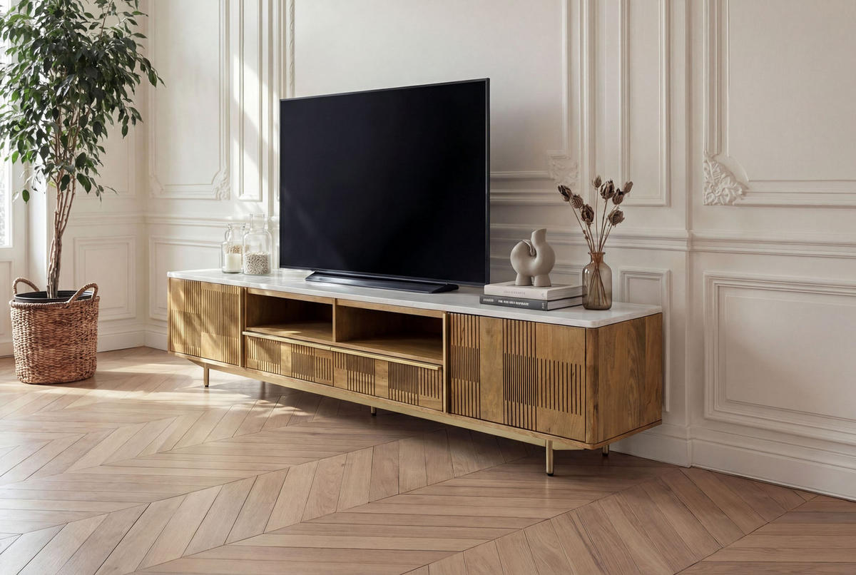TV-BOARD Mango 220x40x50 hellbraun geölt / Marmor weiß MIAMI #106 - Braun, Holz (40/50/220cm) - Massivmoebel24
