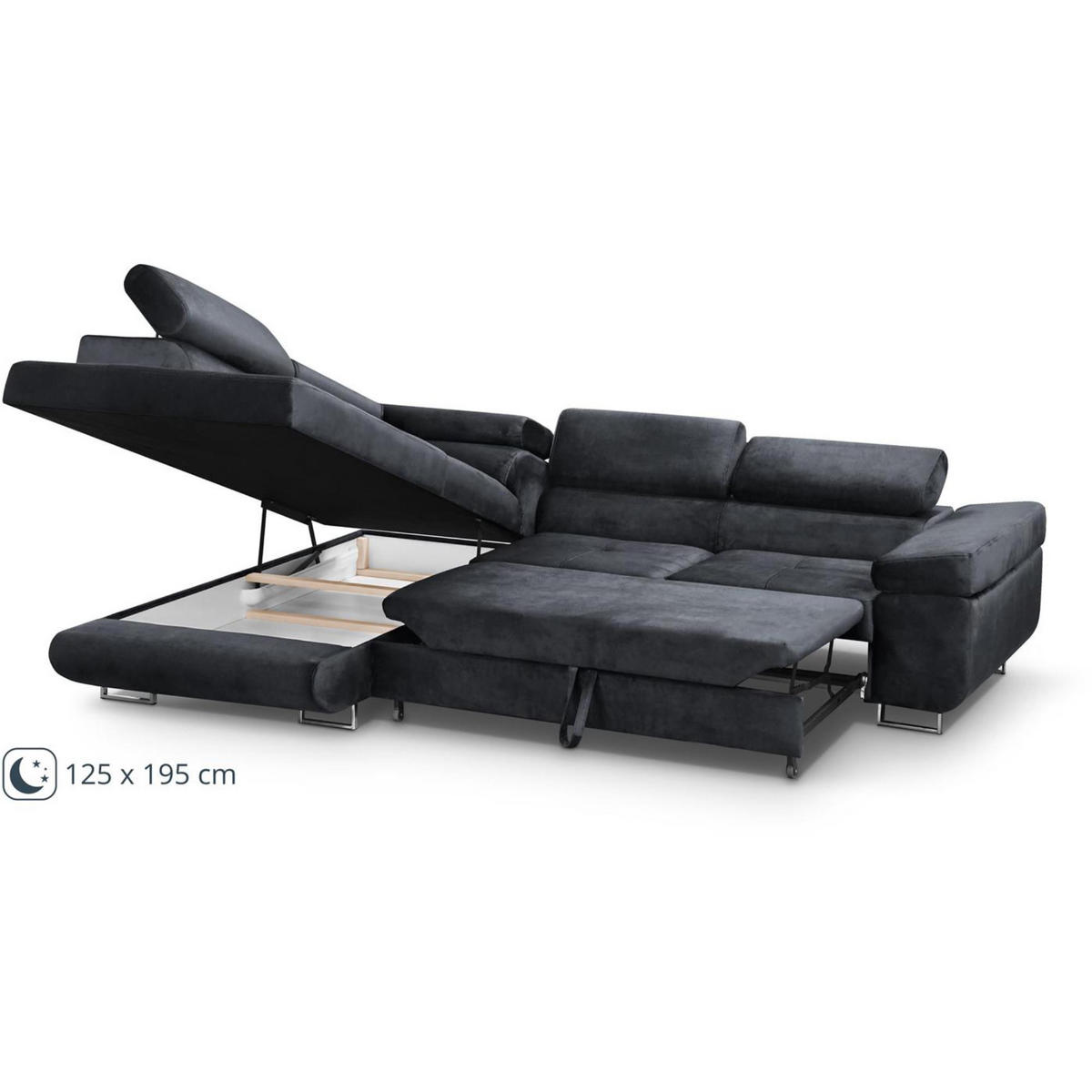 ECKSCHLAFSOFA Vild verstellbaren Kopfstützen, Schwarz, links - Chromfarben/Schwarz, Textil (275/203cm) - Beautysofa