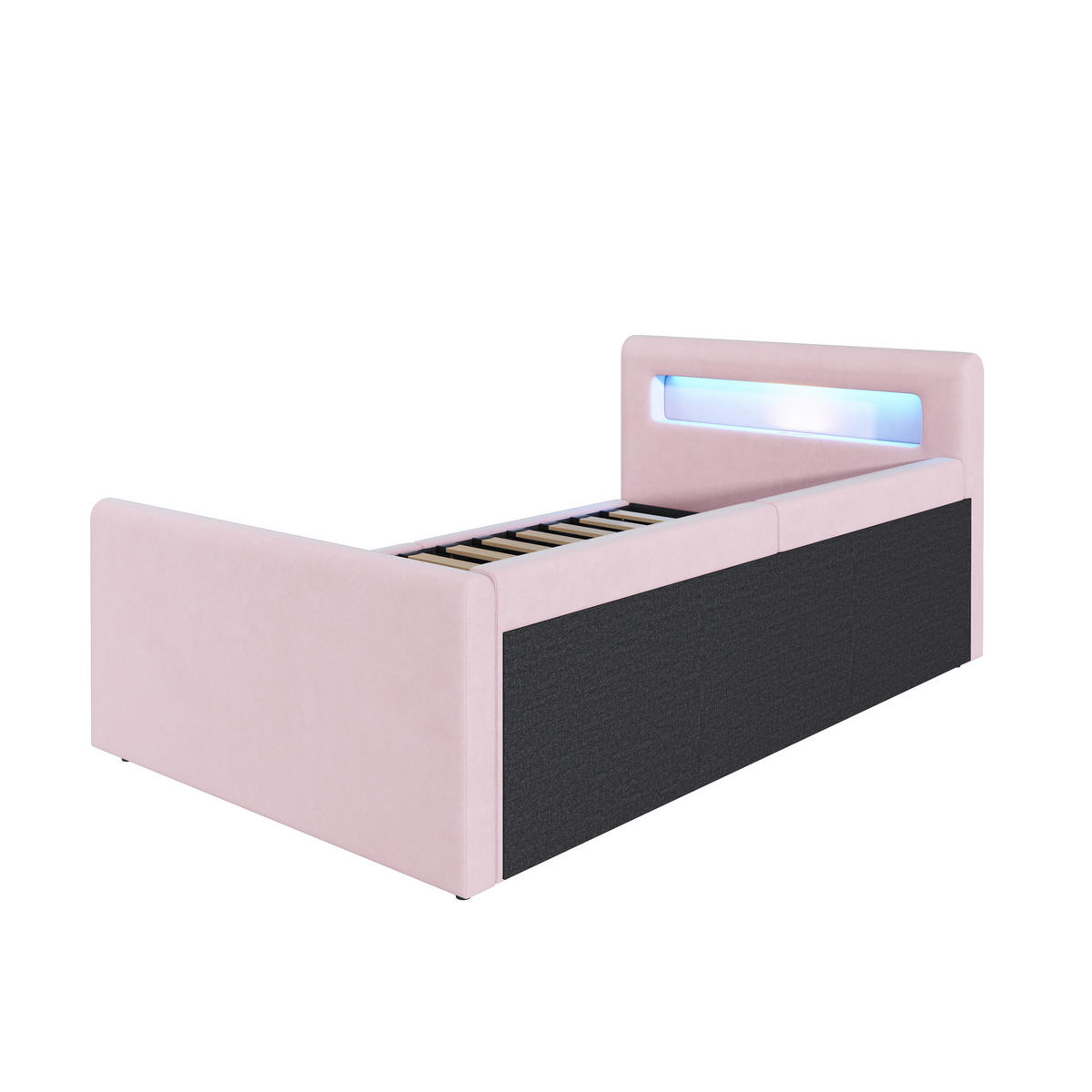 KINDERBETT 90x200 Rosa Samt LED Stauraum - Pink, Textil (90/200cm) - FLIEKS