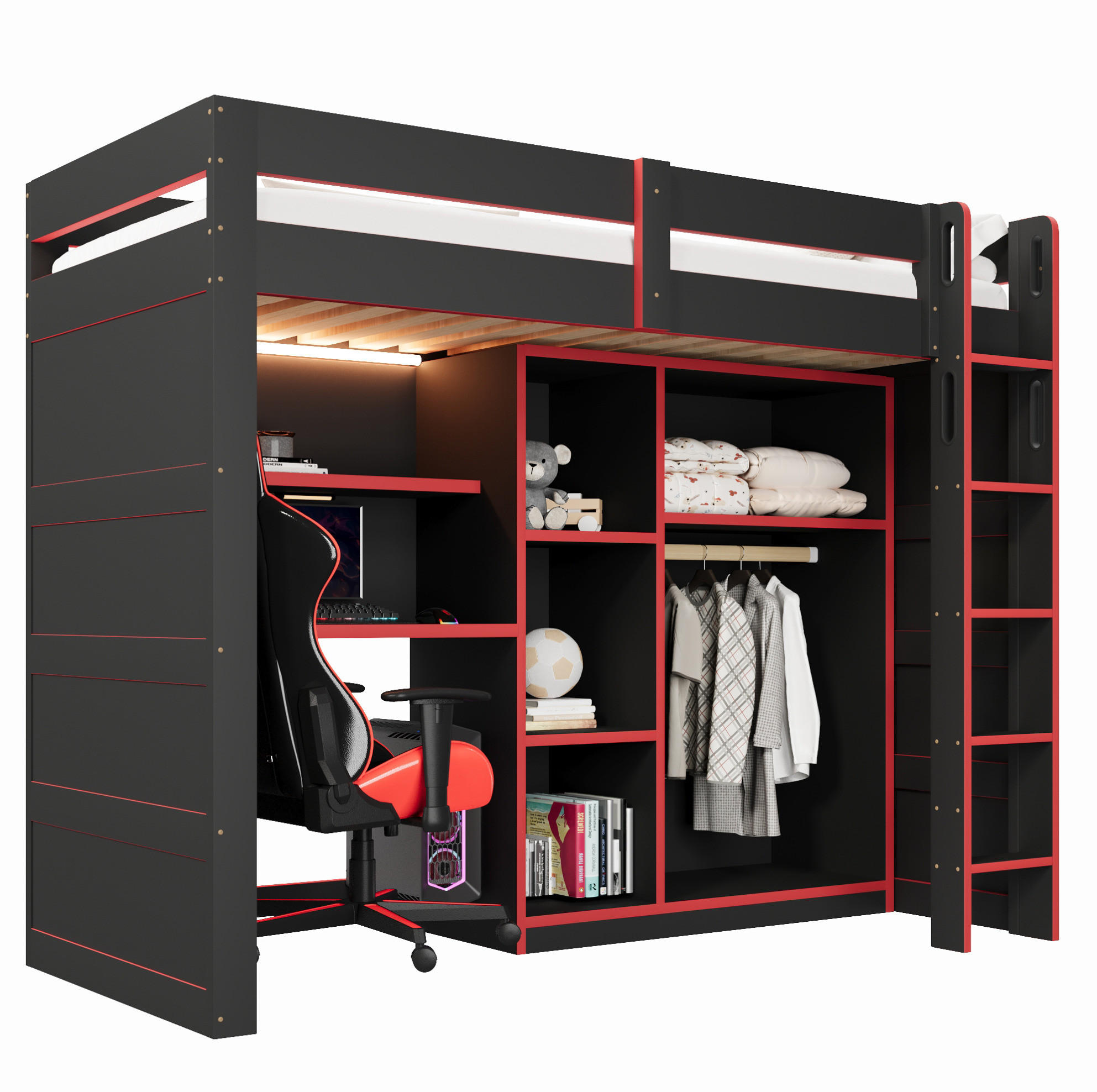 HOCHBETT aus MDF und Sperrholz 90x200 cm Schwarz/Rot mit Schreibtisch, Kleiderschrank und LED-Beleuchtung - Schwarz, Holzwerkstoff (90/200cm) - Modfu