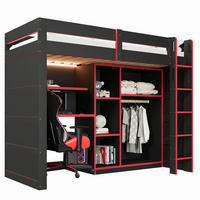 HOCHBETT aus MDF und Sperrholz 90x200 cm Schwarz/Rot mit Schreibtisch, Kleiderschrank und LED-Beleuchtung - Schwarz, Holzwerkstoff (90/200cm) - Modfu