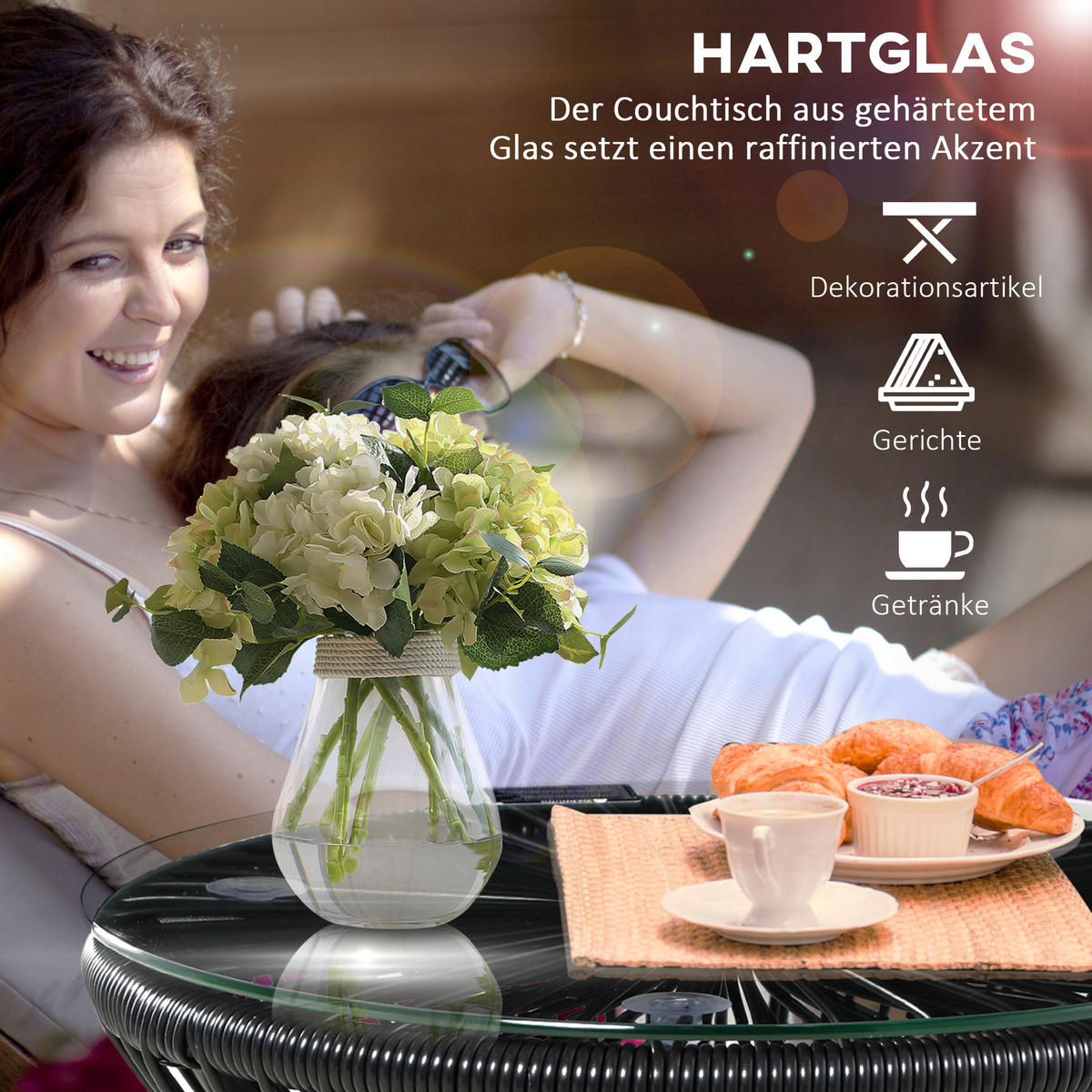 BALKONTISCH, Schwarz, Eisen, PE-Rattan, Glas - Schwarz, Kunststoff (40/40/42cm) - Outsunny