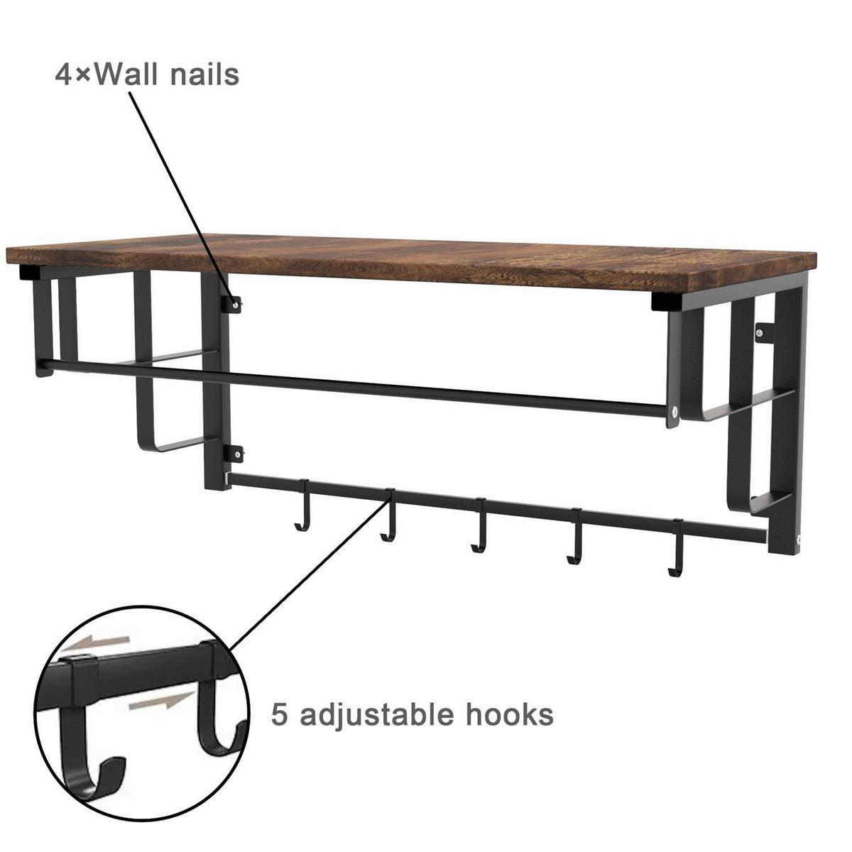 WANDGARDEROBE mit abnehmbaren Haken 60/30/27 cm - Braun, Metall (30/27/60cm) - Intirilife