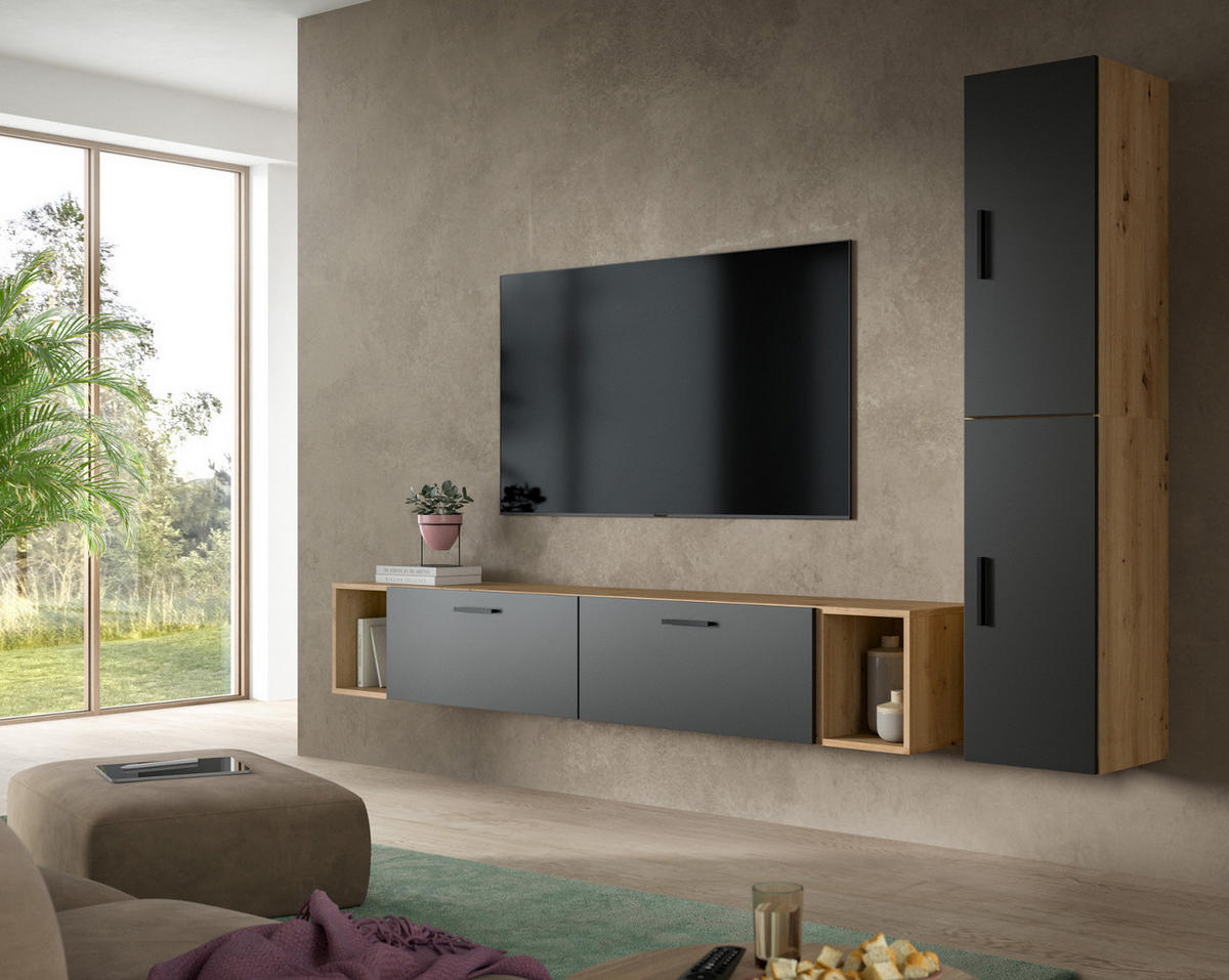 TV-LOWBOARD grau, Eiche Artisan 176 cm, Fernsehtisch hängend / stehend - Schwarz/Eiche Artisan, Holzwerkstoff/Kunststoff (176/67/34cm) - Inn.Furn