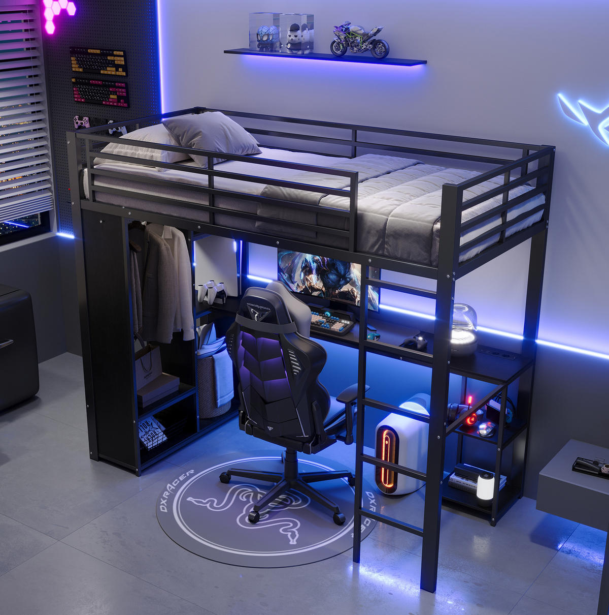 HOCHBETT 90x200 cm in Schwarz mit Schreibtisch, LED-Beleuchtung und offenem Kleiderschrank - Schwarz, Holzwerkstoff (90/200cm) - IVMEU
