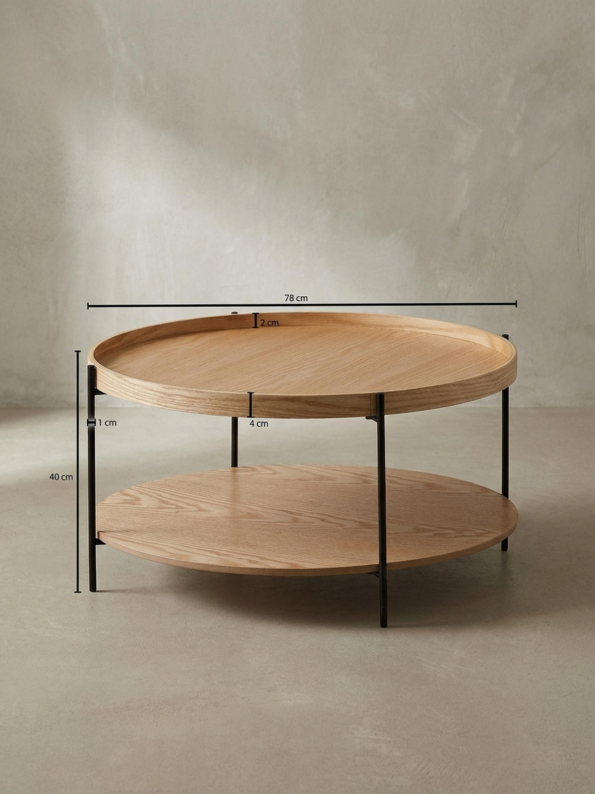 COUCHTISCH Holz/Metall Modern Rund 78x78x40 cm mit Ablage Eiche - Schwarz/Braun, Metall (78/78/40cm) - KADIMA DESIGN
