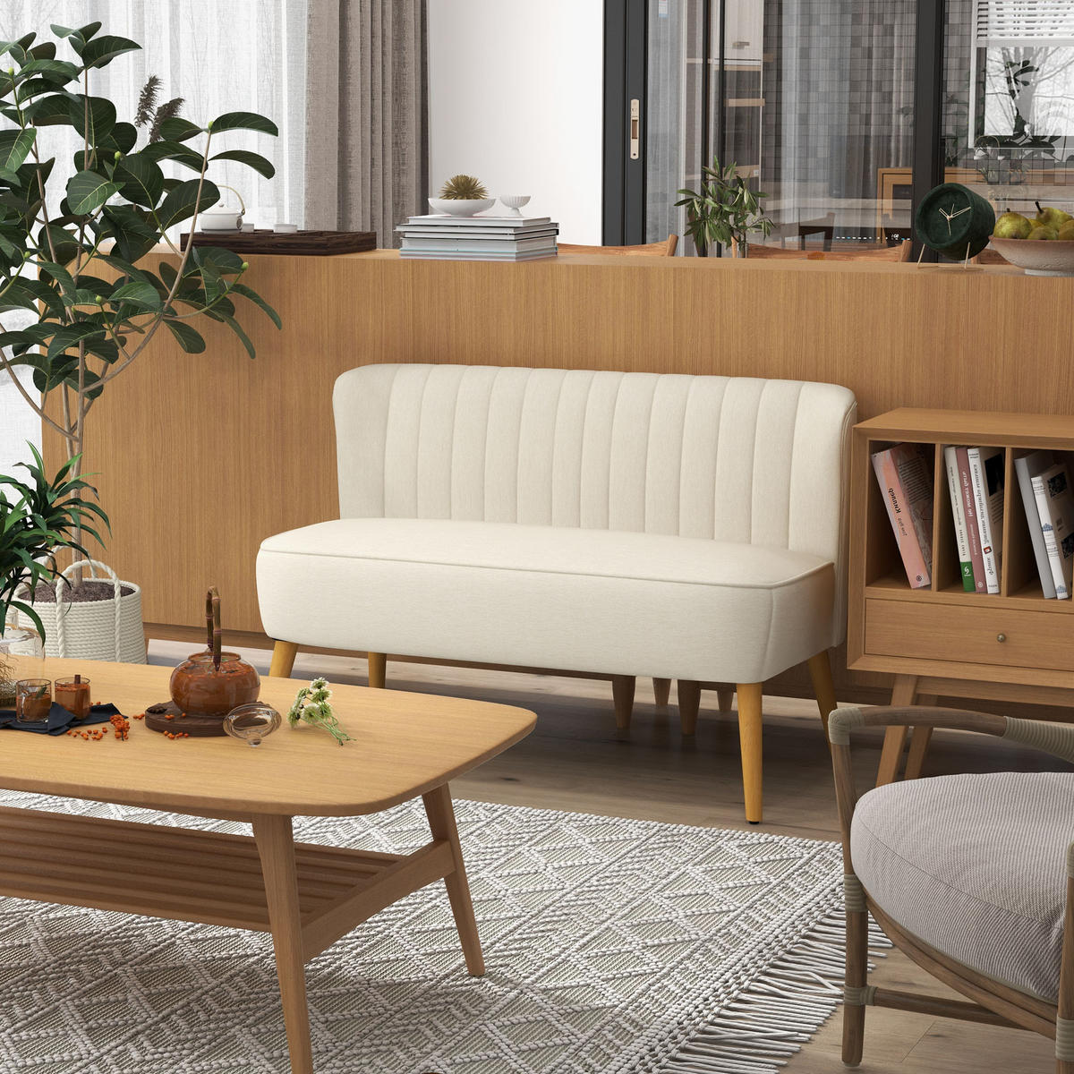 SOFA 2-Sitzer Couch Stoffsofa Sitzmöbel Polstersofa Loungesofa breit Cremeweiß - Creme/Naturfarben, Holz/Textil (56.5/77/117cm) - HOMCOM
