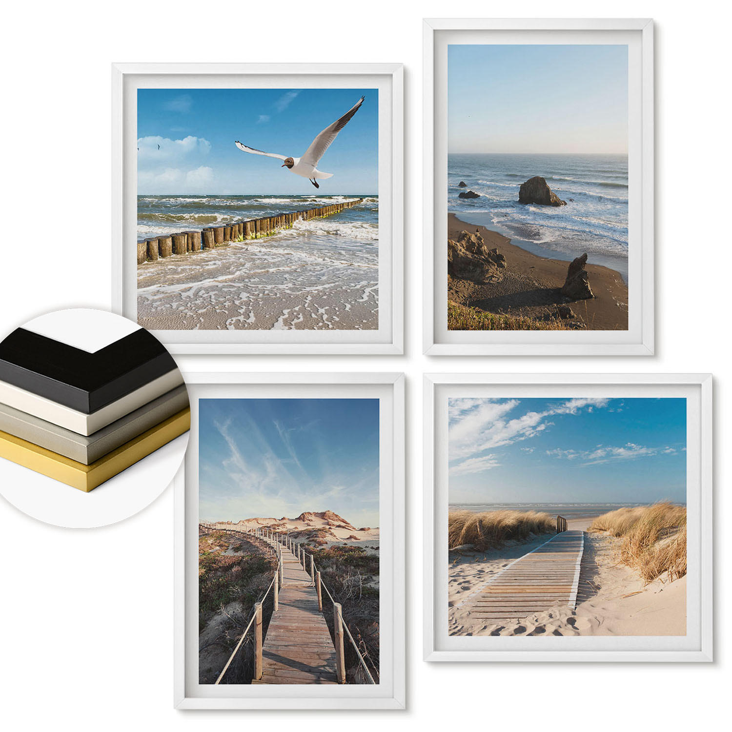 WANDBILDER 4er-Set - 50x50 cm & 40x60 cm Weißer Rahmen - Strandwellen, Himmelsbrücke, Spaziergang - Weiß, Kunststoff (50/50cm) - ArtPrintCave