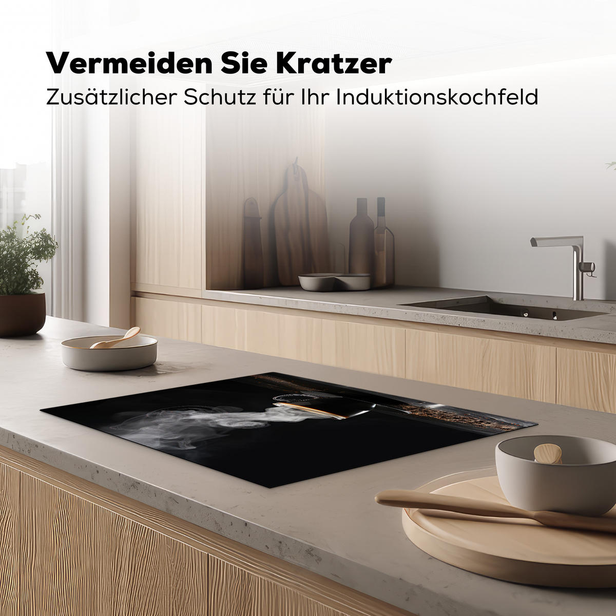 HERDABDECKPLATTE Kaffee - Schwarz - Bohnen - Heiß - Tasse Herdabdeckung Induktionsfeld 70x52 cm - Schwarz, Kunststoff (70/52/0.2cm) - MuchoWow